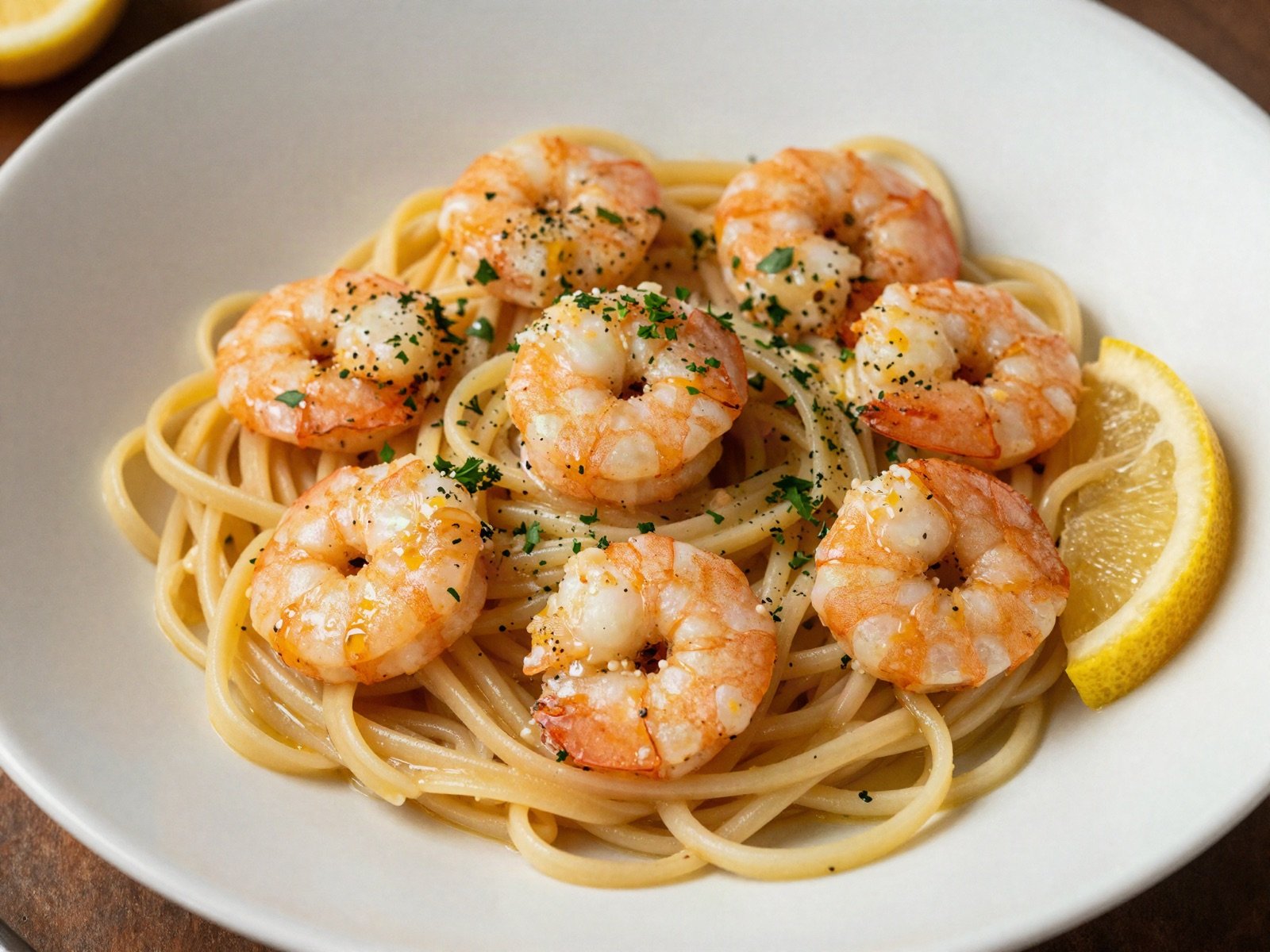 Garlic butter shrimp linguine with a lemon wedge
