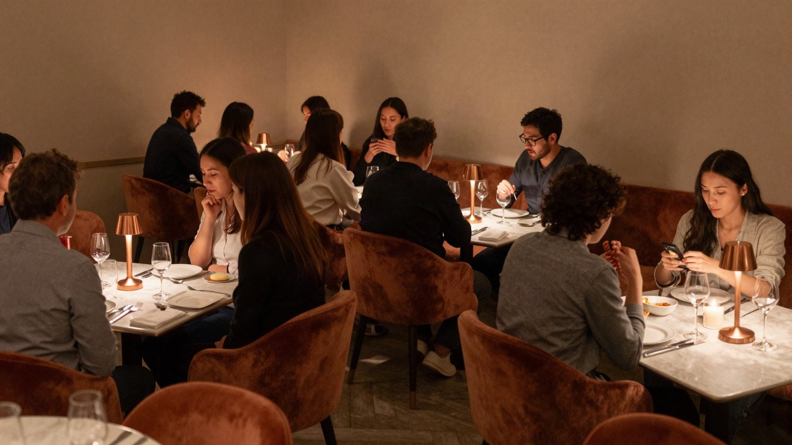Guests dining by lamplight in a warm restaurant with velvet chairs