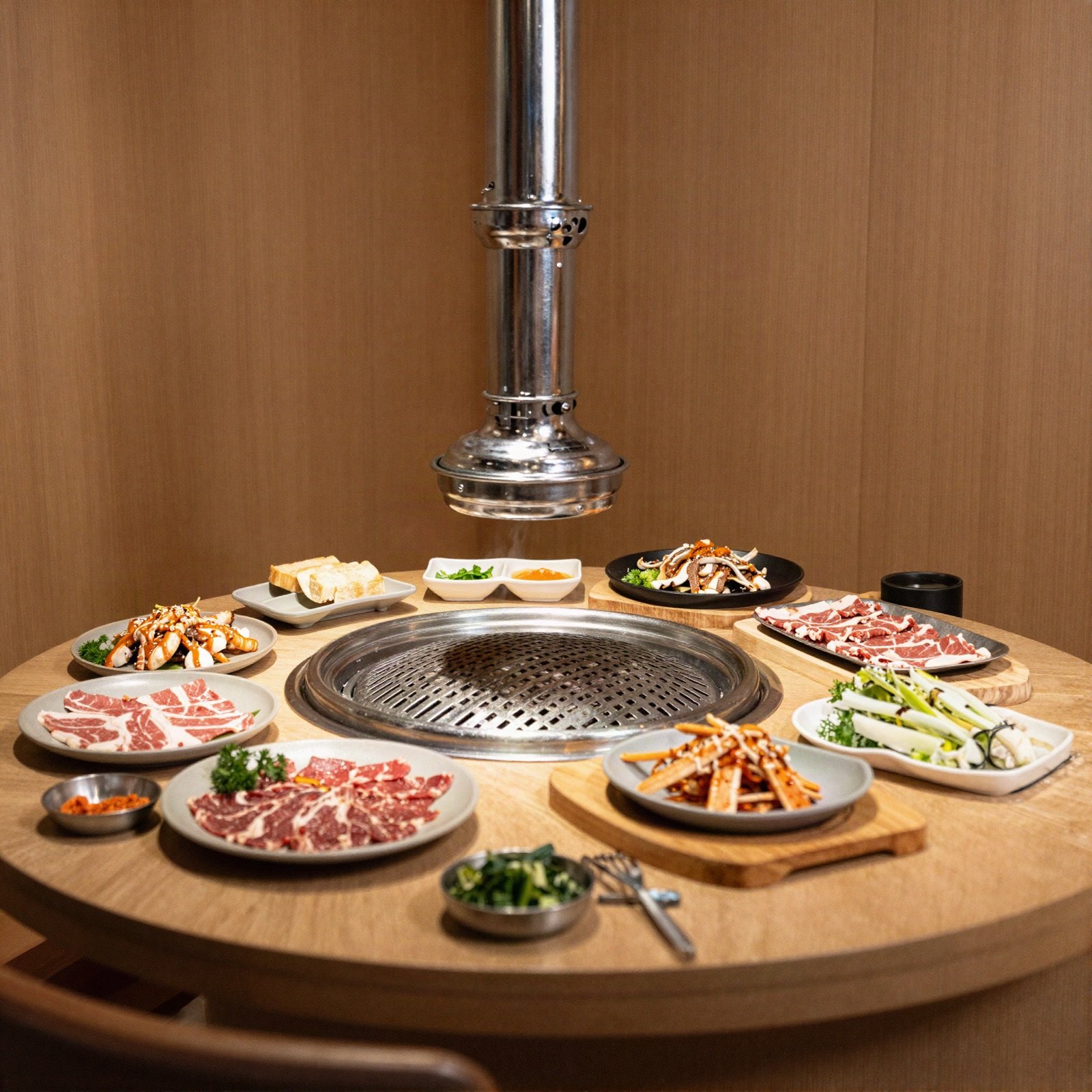 Round wooden table with a tabletop grill and plates of marinated beef at a Korean barbecue restaurant