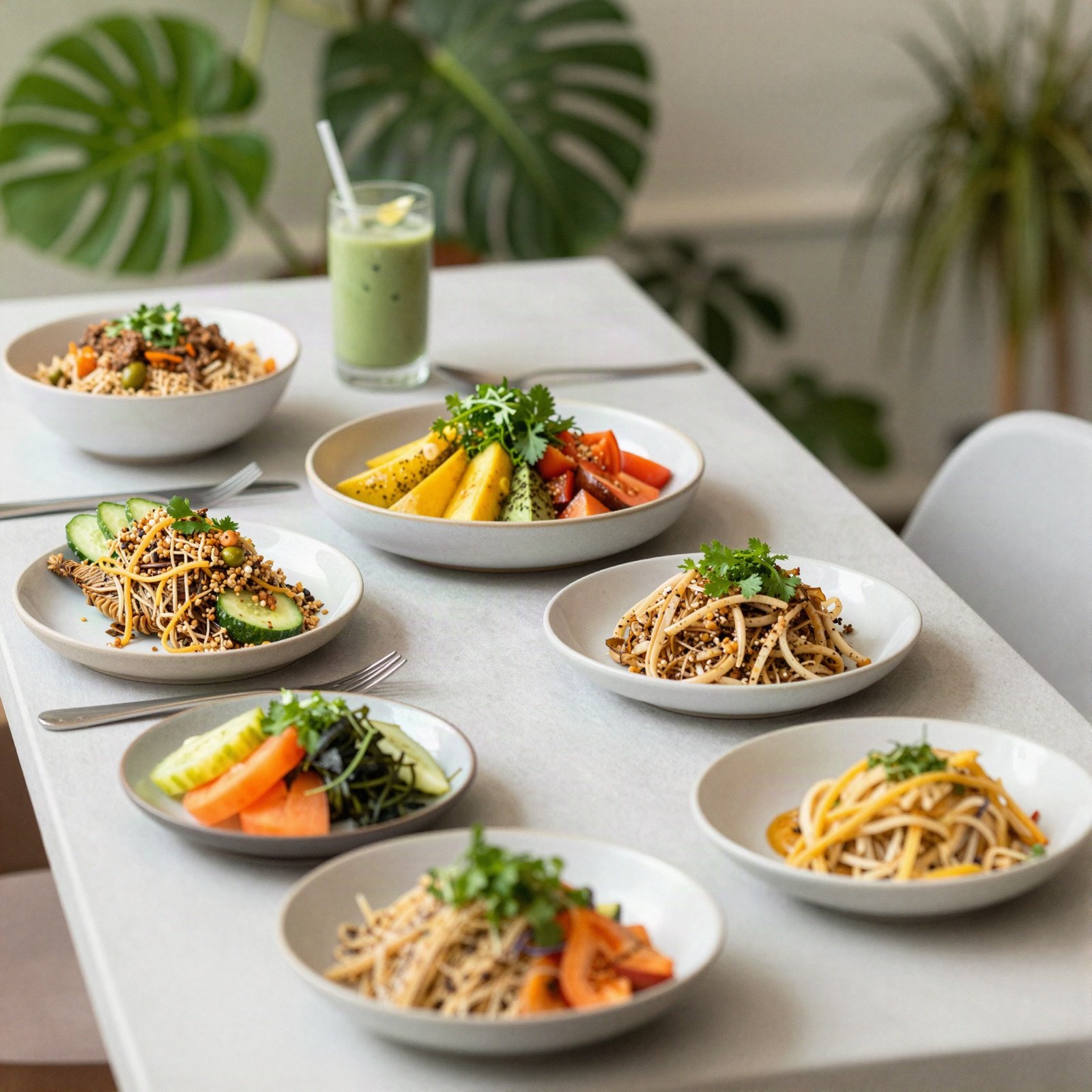 Colourful plant-based bowls and salads on a bright restaurant table