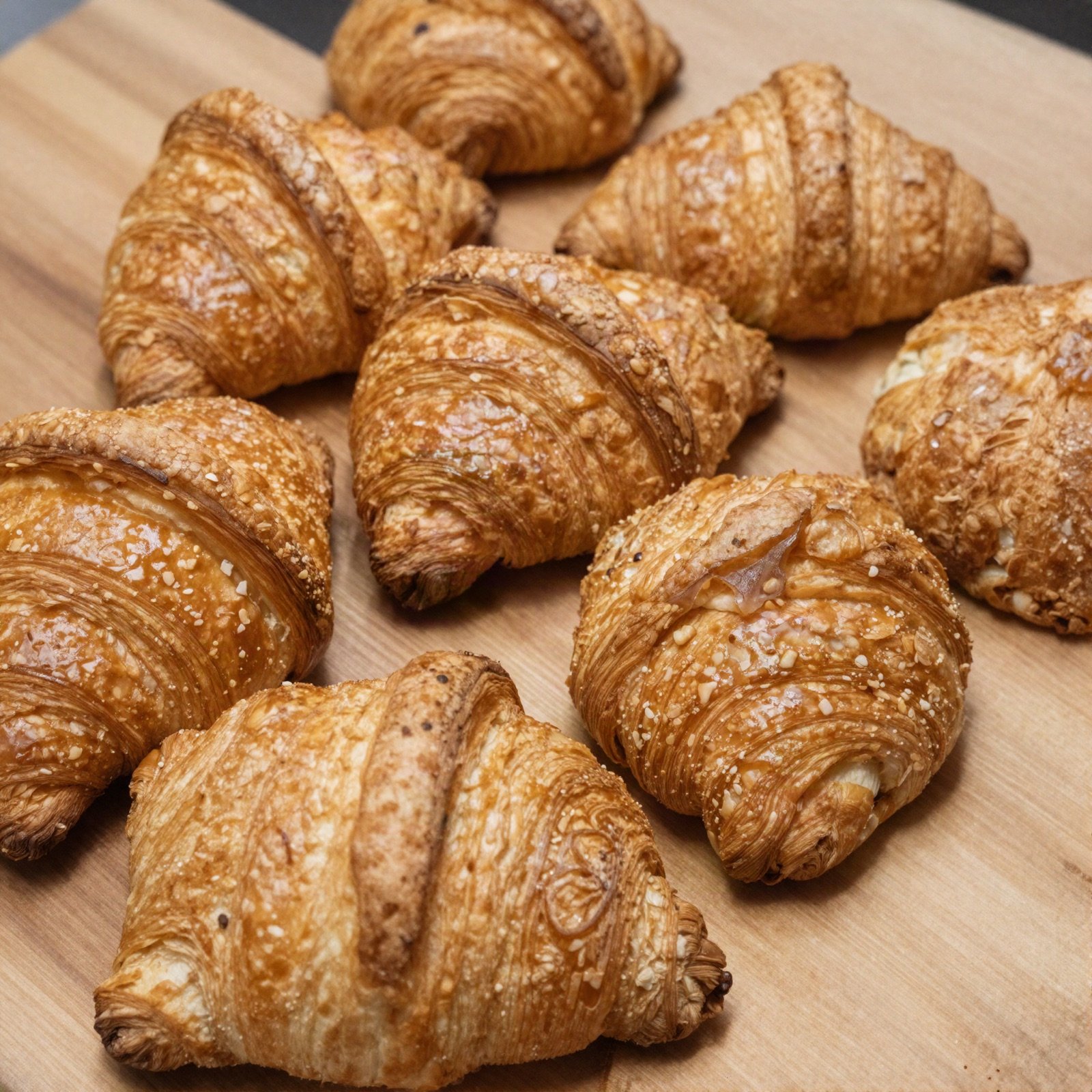 Golden flaky croissants on a wooden bakery board