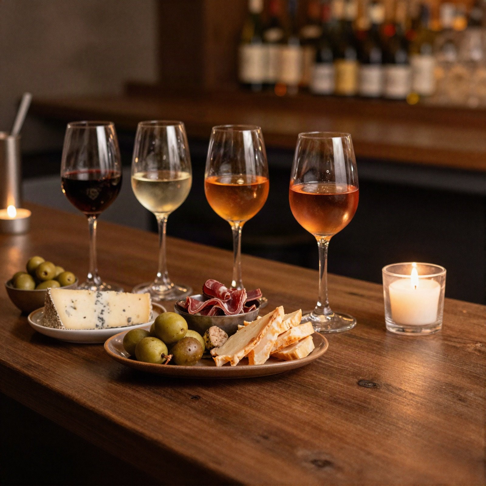 Glasses of red, white and orange wine with cheese and olives by candlelight at a wine bar