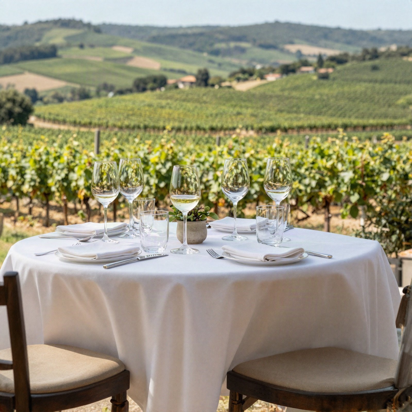 A set lunch table on a winery terrace overlooking vineyard rows