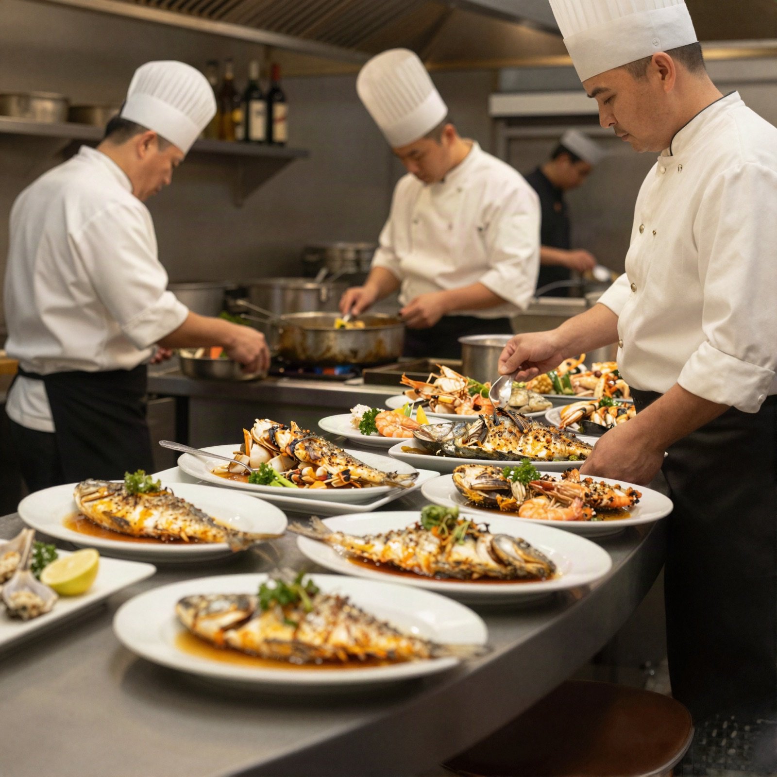 Chefs plating grilled fish and shrimp in a busy restaurant kitchen