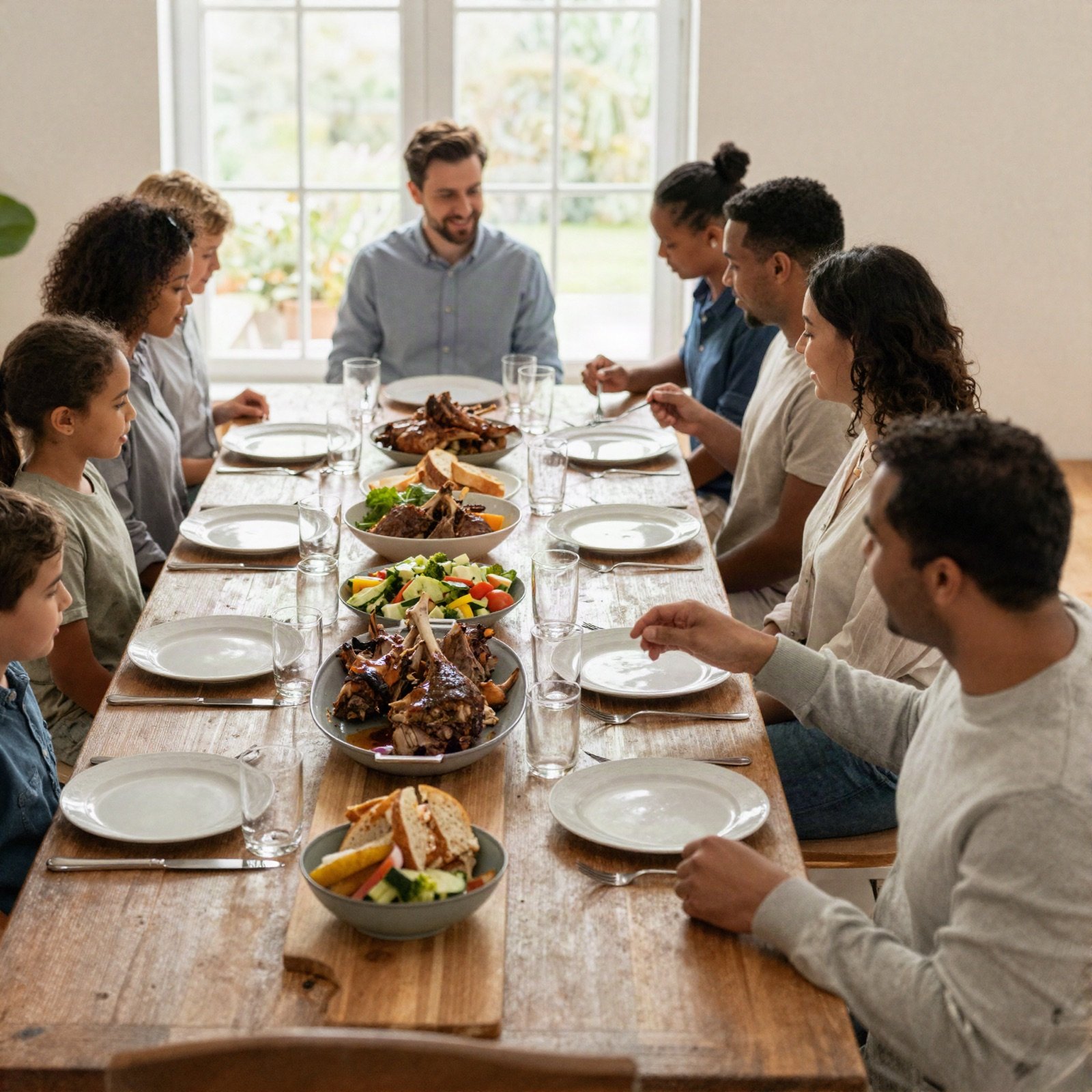 A family sharing a long Sunday dinner of slow-cooked lamb and salads