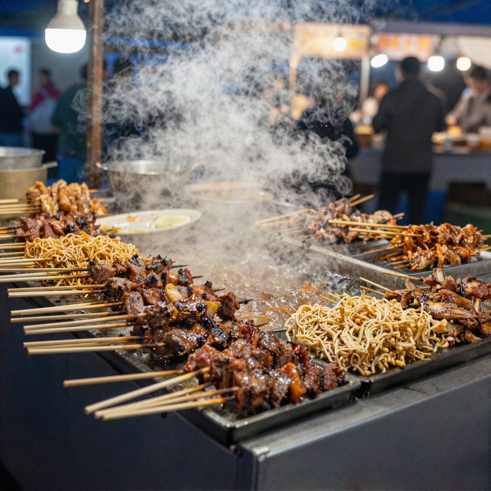 Skewers and noodles cooking in the steam of a night market food stall