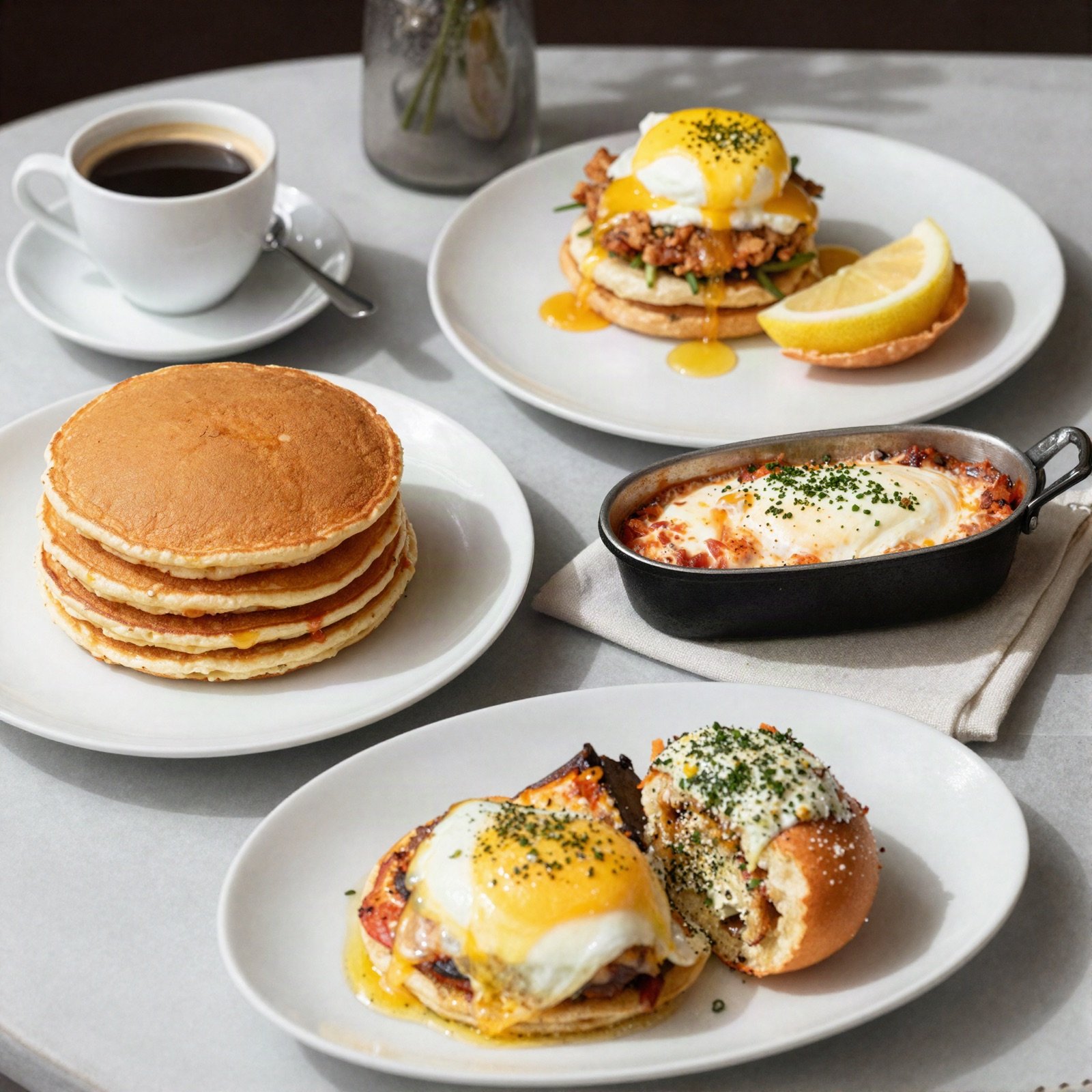 Pancakes, shakshuka and eggs Benedict on a sunny brunch table