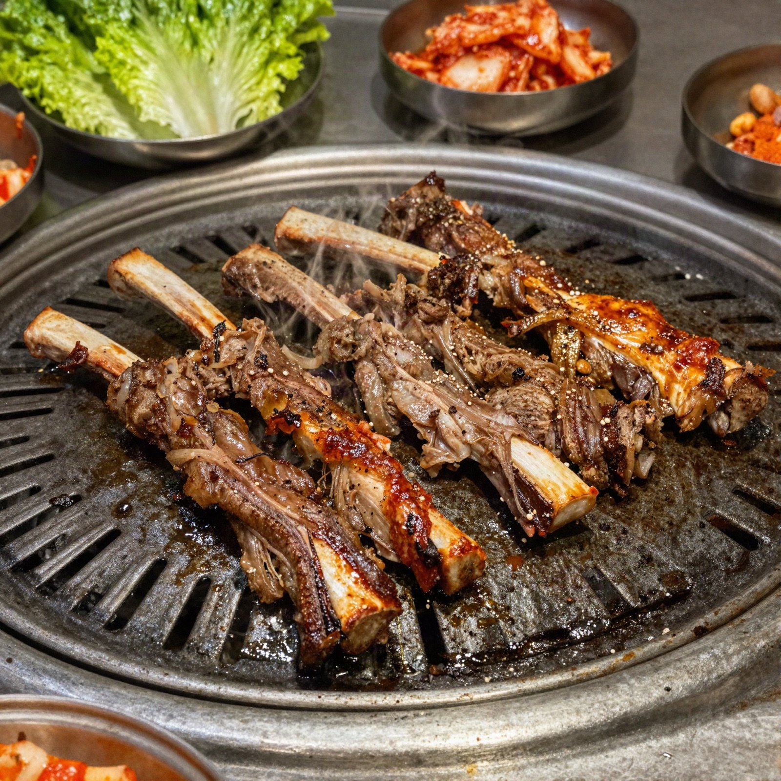 Marinated short ribs sizzling on a Korean barbecue grill with kimchi and lettuce
