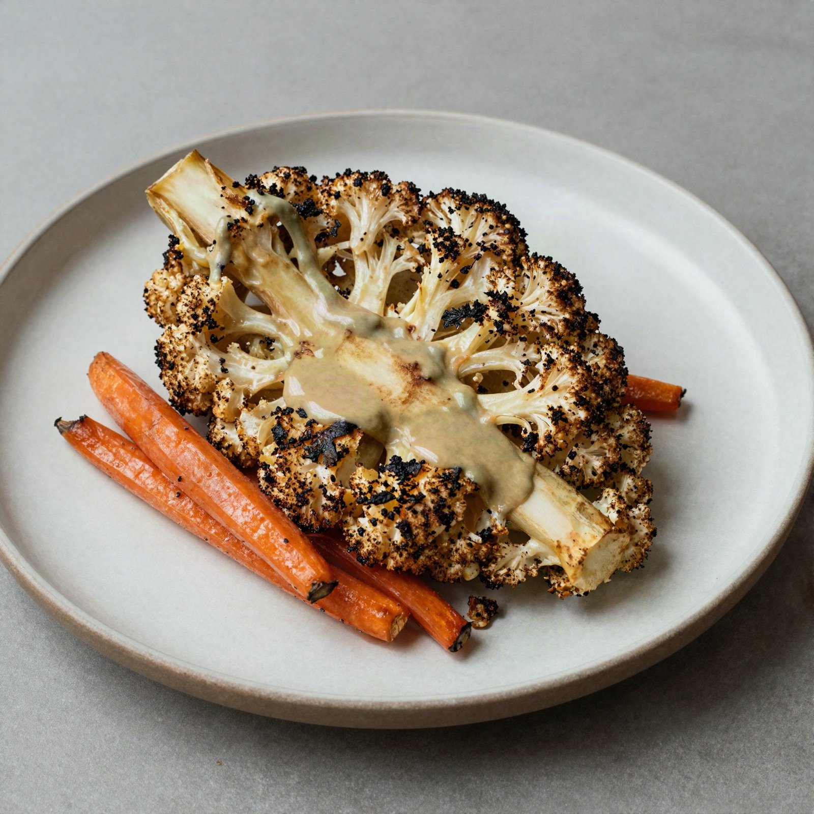 Charred roast cauliflower with tahini sauce and smoked carrots