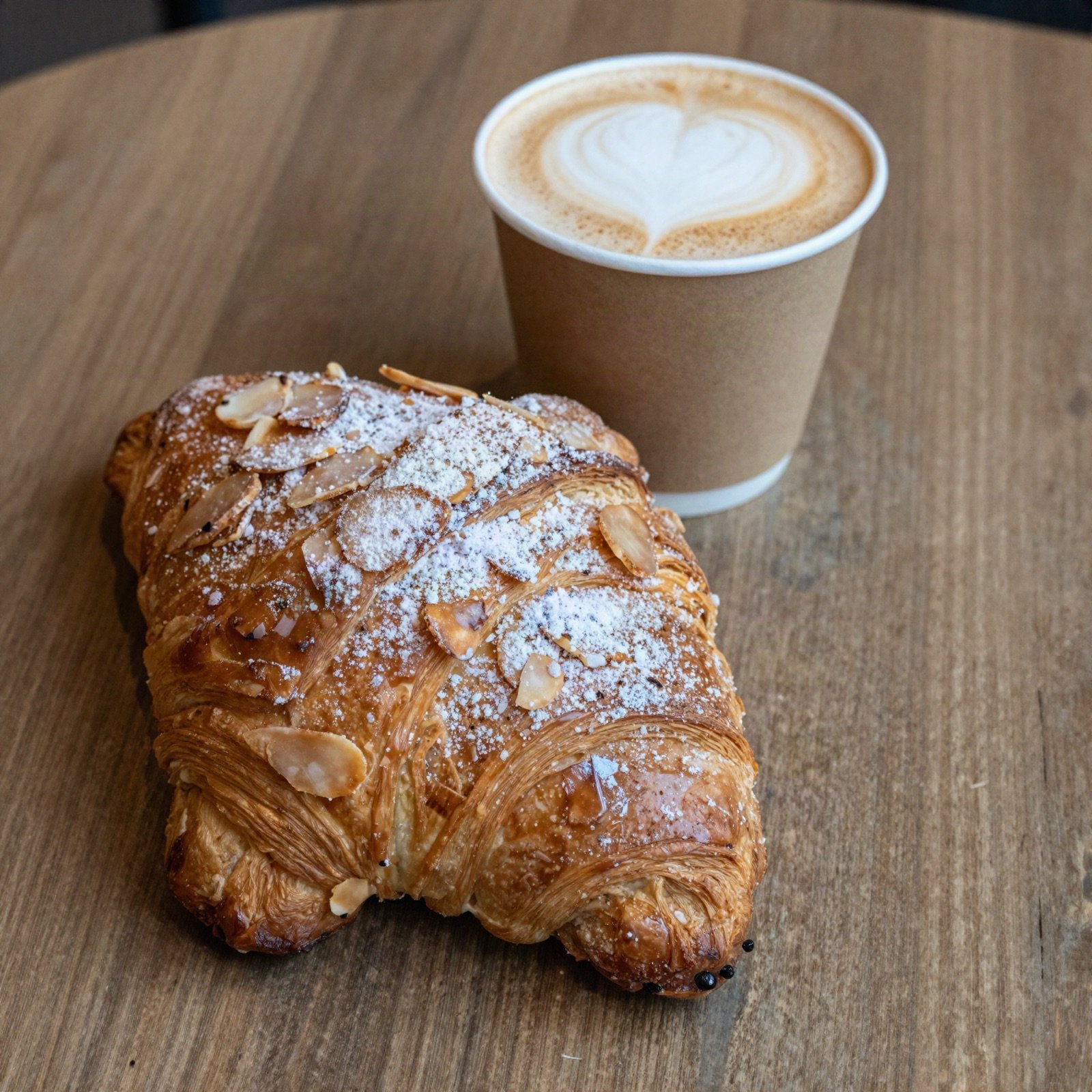 An almond croissant dusted with icing sugar next to a cappuccino