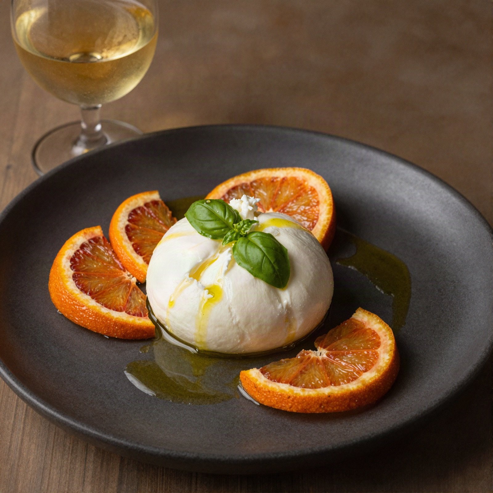 Burrata with blood orange slices, olive oil and basil beside a glass of wine