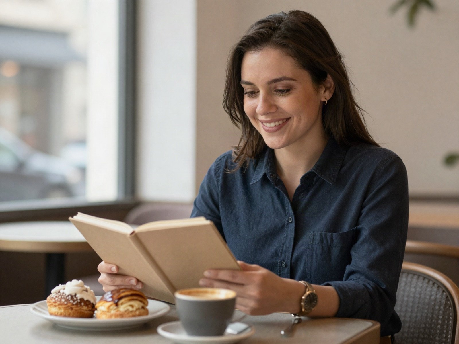Smiling food critic reading her notebook at a café table with pastries and coffee