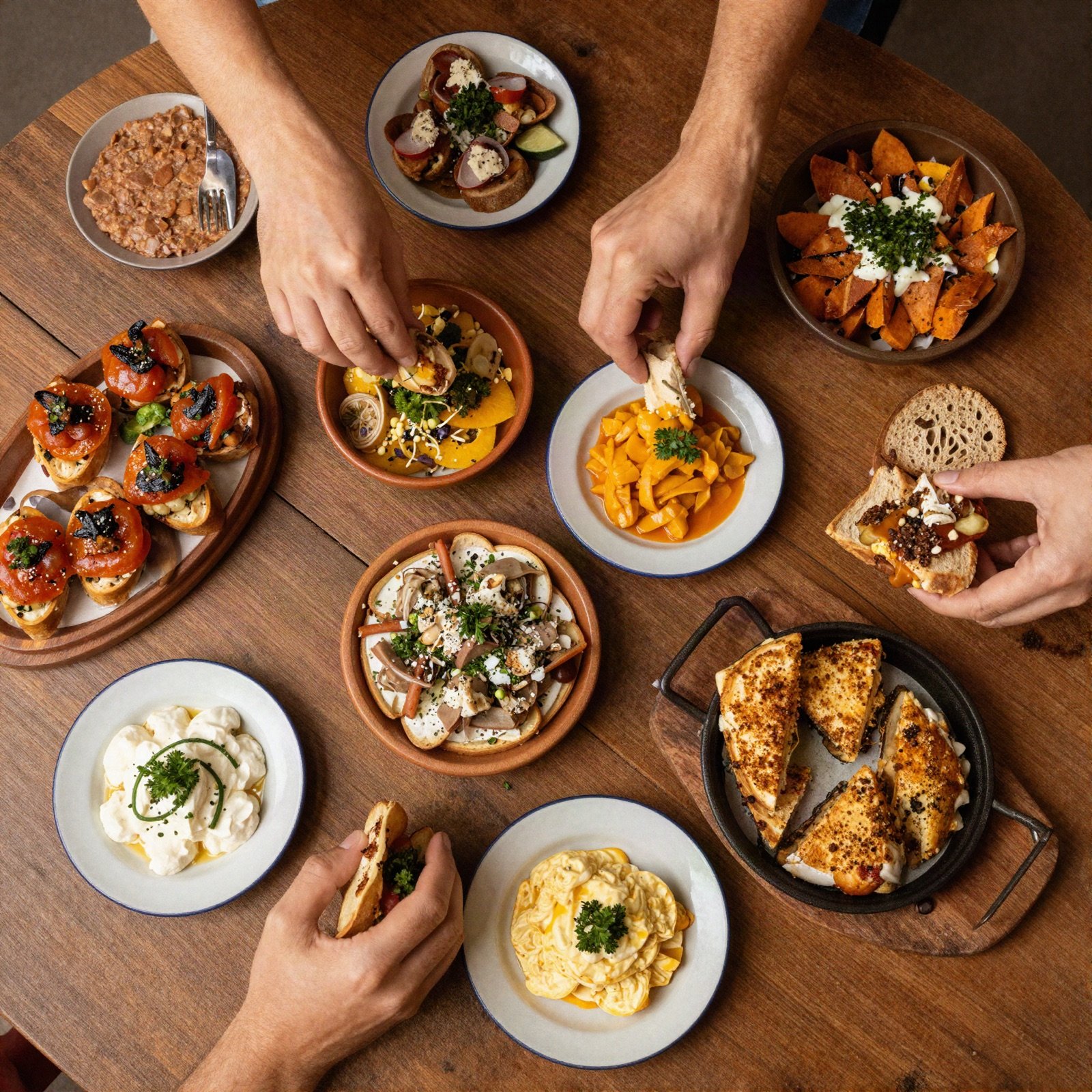 Friends sharing a spread of small plates on a wooden table