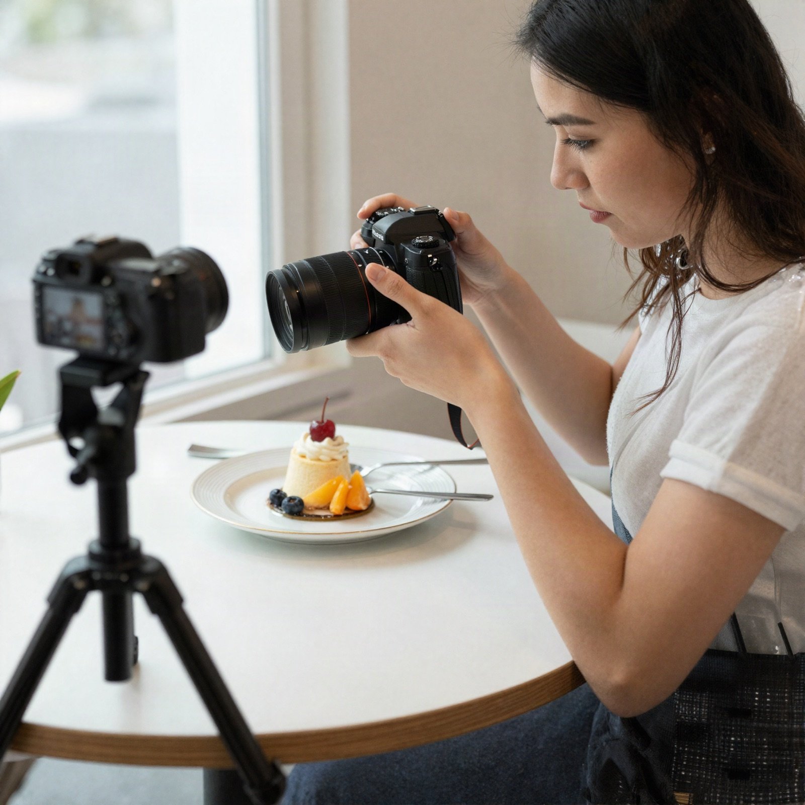 Food blogger photographing a dessert with a camera at a café table