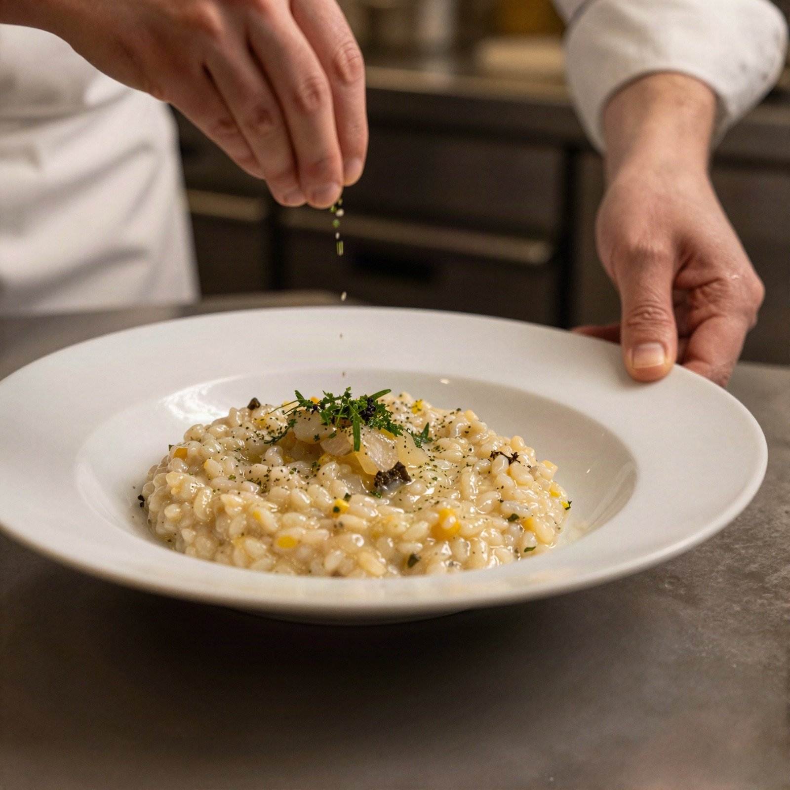 A chef sprinkling herbs over a plate of risotto