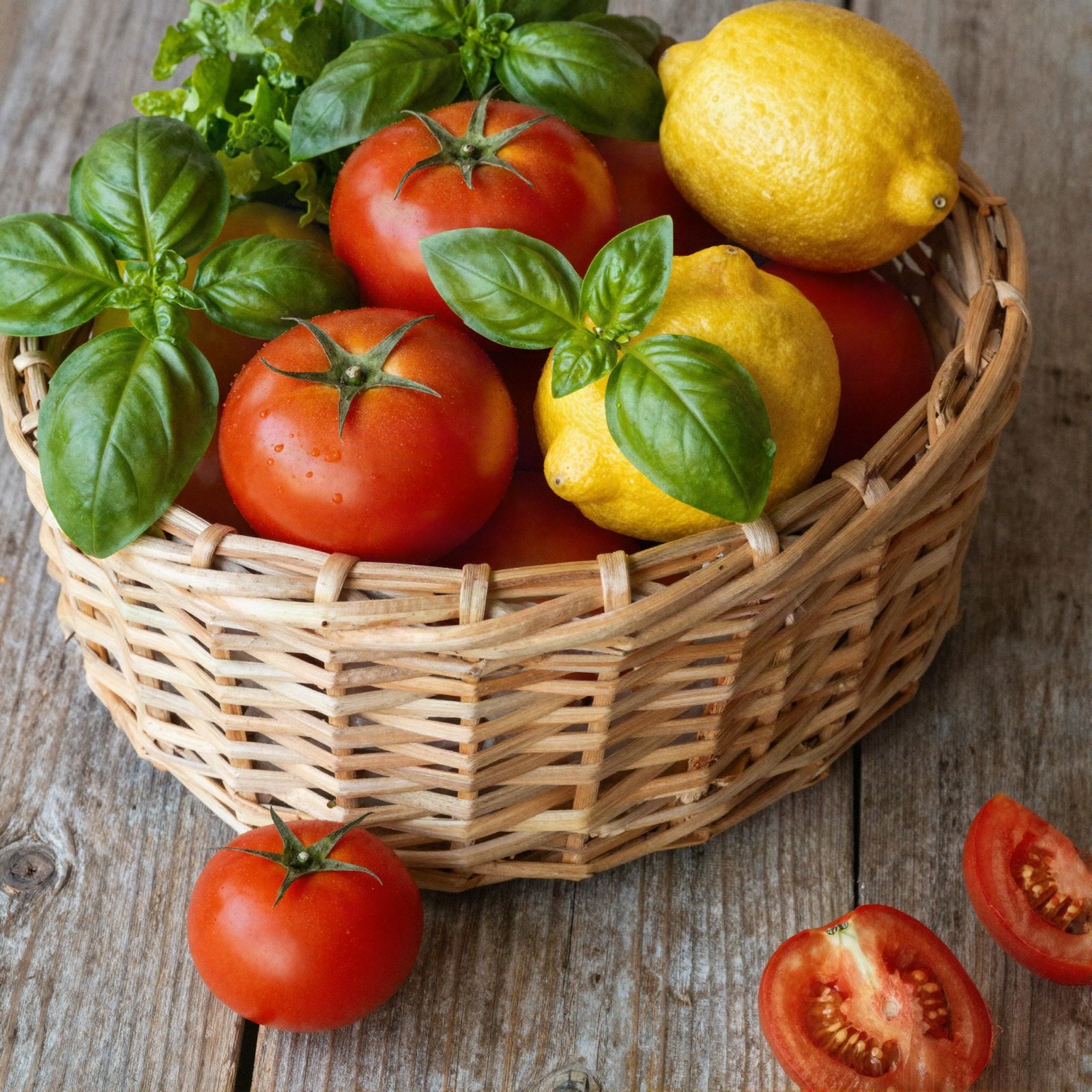 A wicker basket of tomatoes, lemons and fresh basil