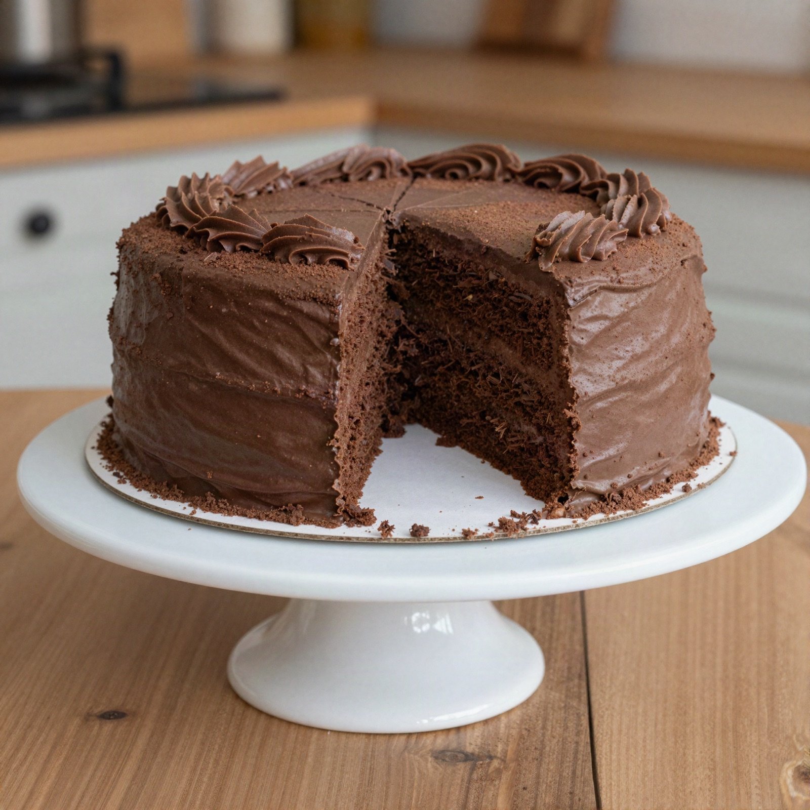 A layered chocolate cake with a slice cut on a white cake stand