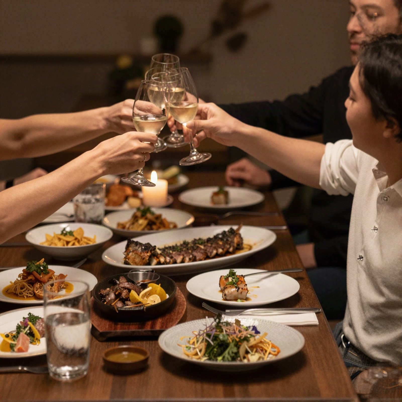Friends raising glasses over a table of shared dishes