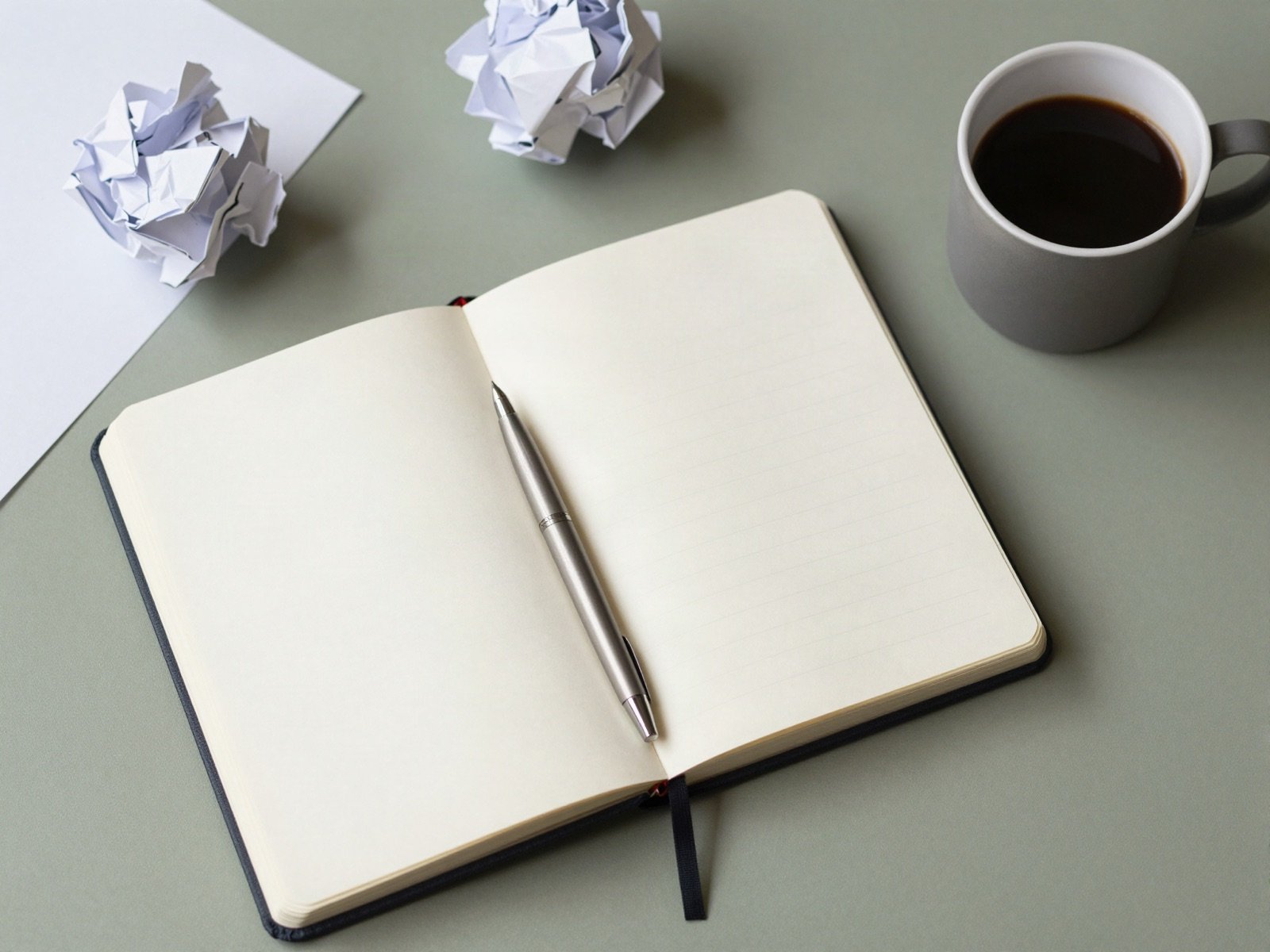 Open notebook with a pen, coffee and crumpled drafts on a green desk