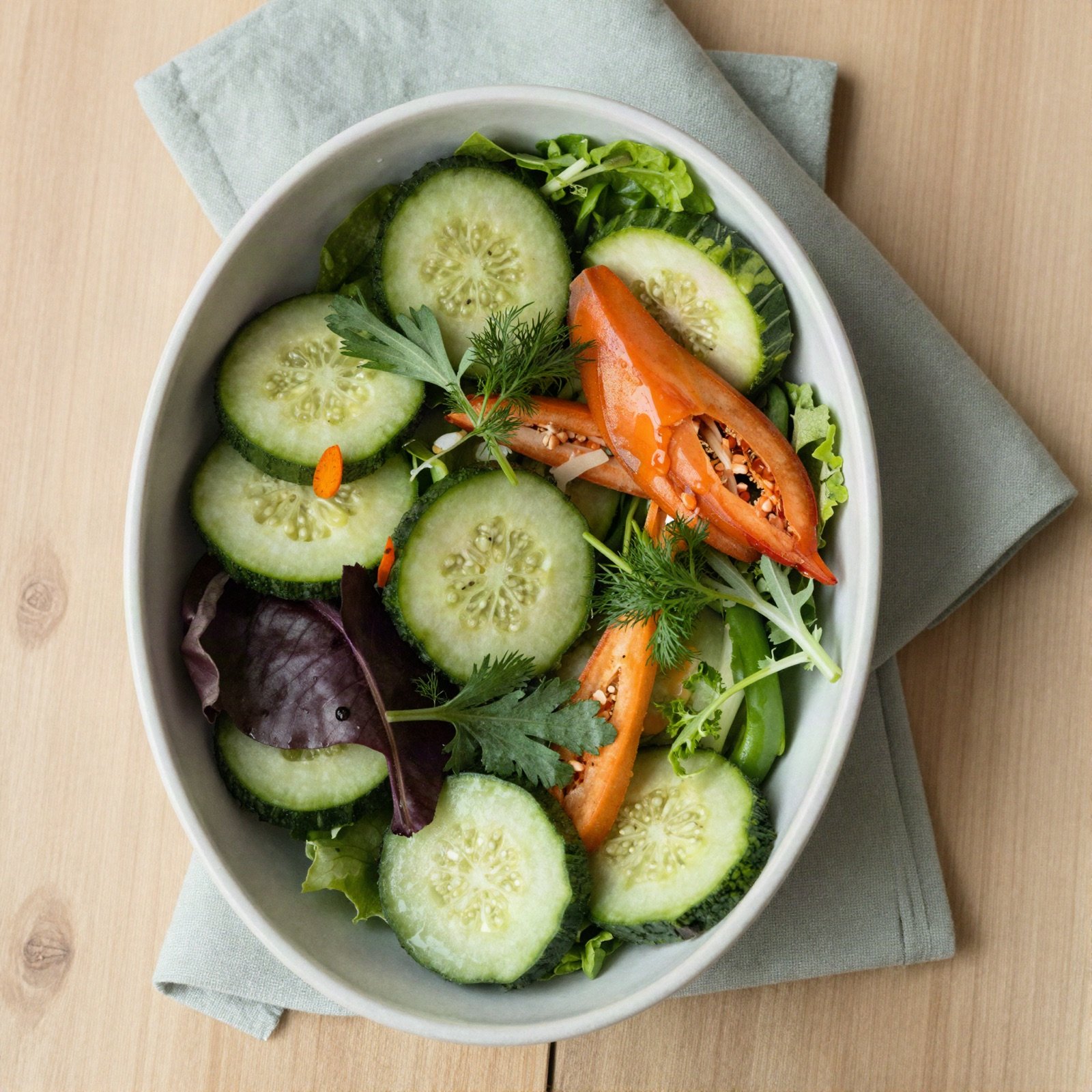 Bowl of cucumber and pepper salad on a sage green napkin