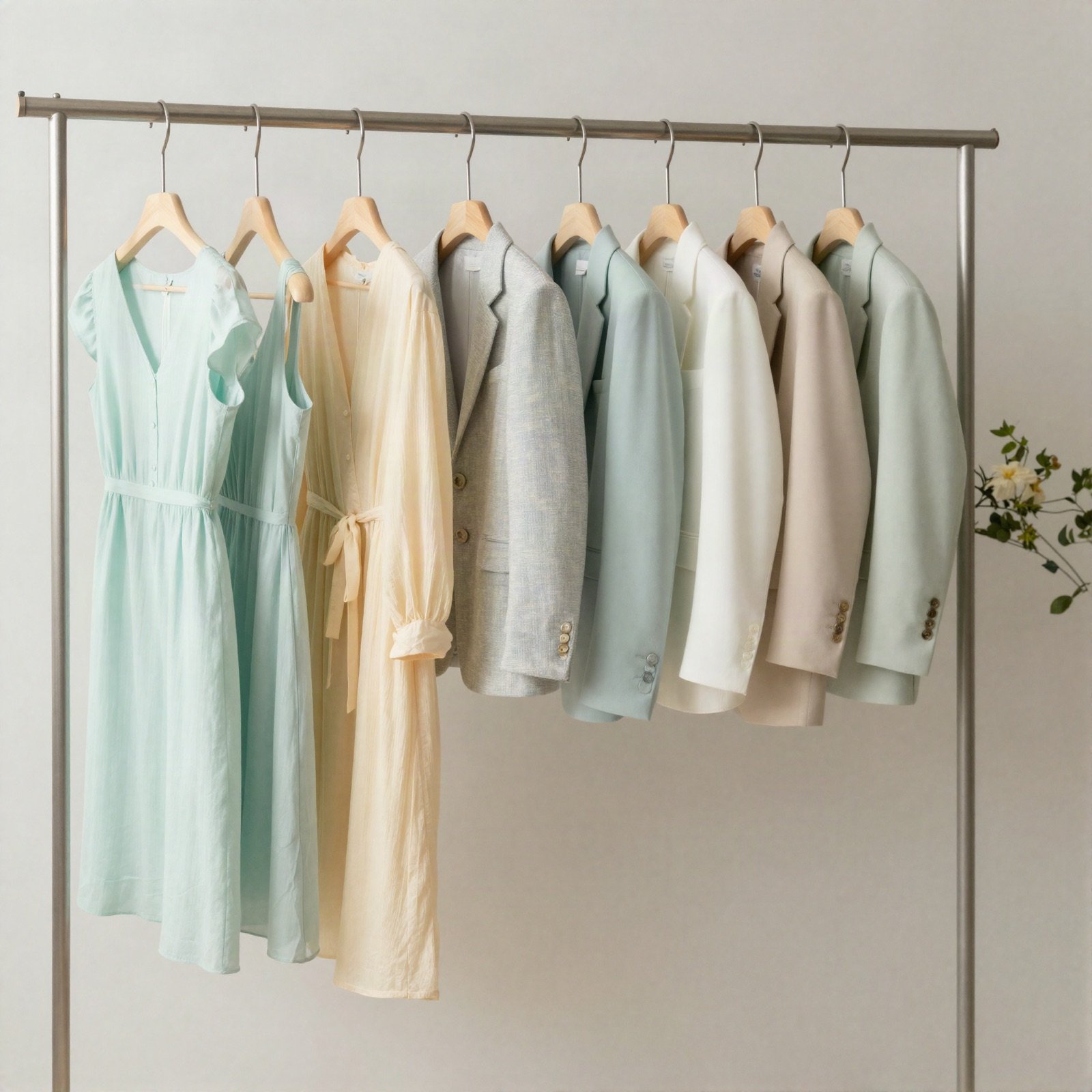 Rail of pastel spring dresses and jackets in a bright studio