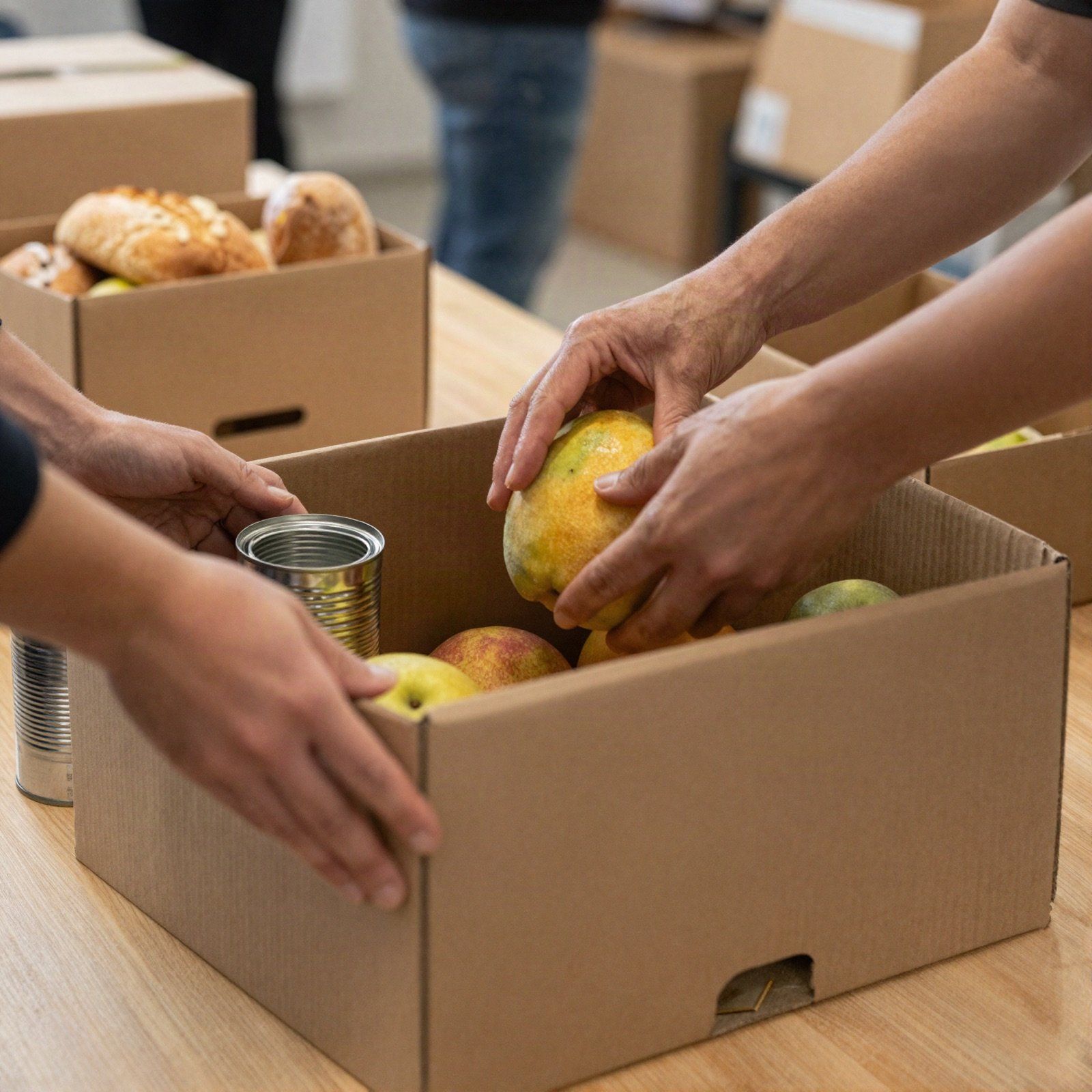 Volunteers packing fruit, bread and tins into donation boxes