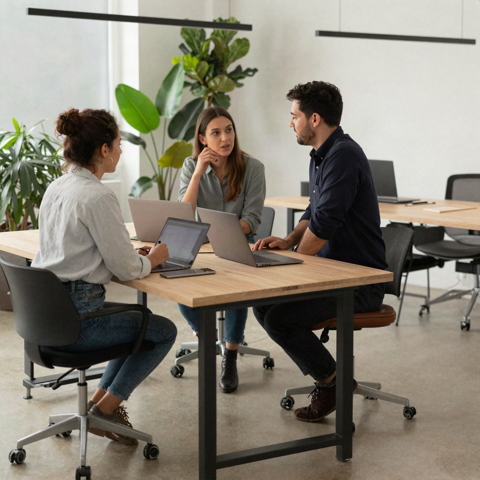 Three start-up colleagues talking around a desk in a bright loft office