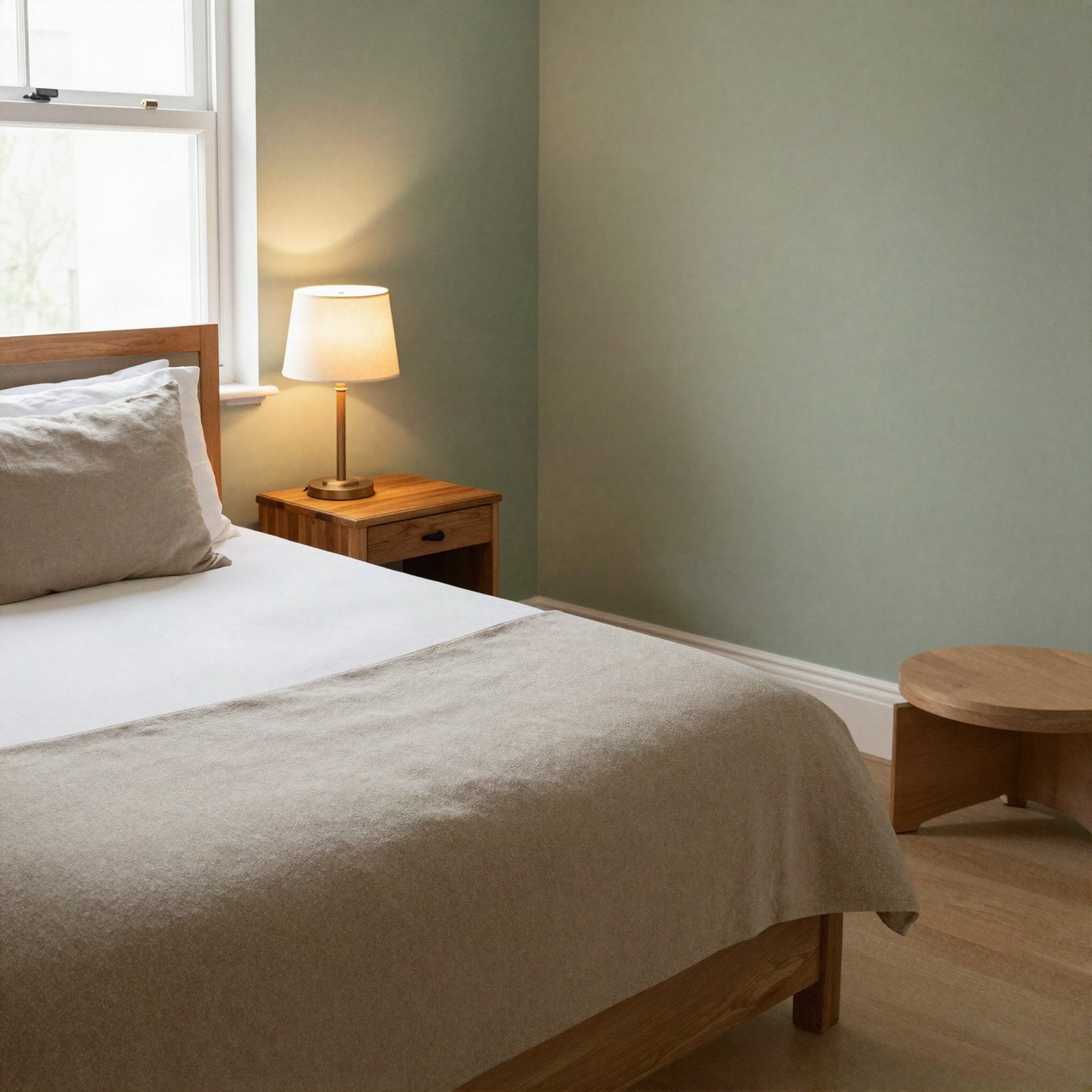Calm boutique hotel room with a linen bed and a bedside lamp
