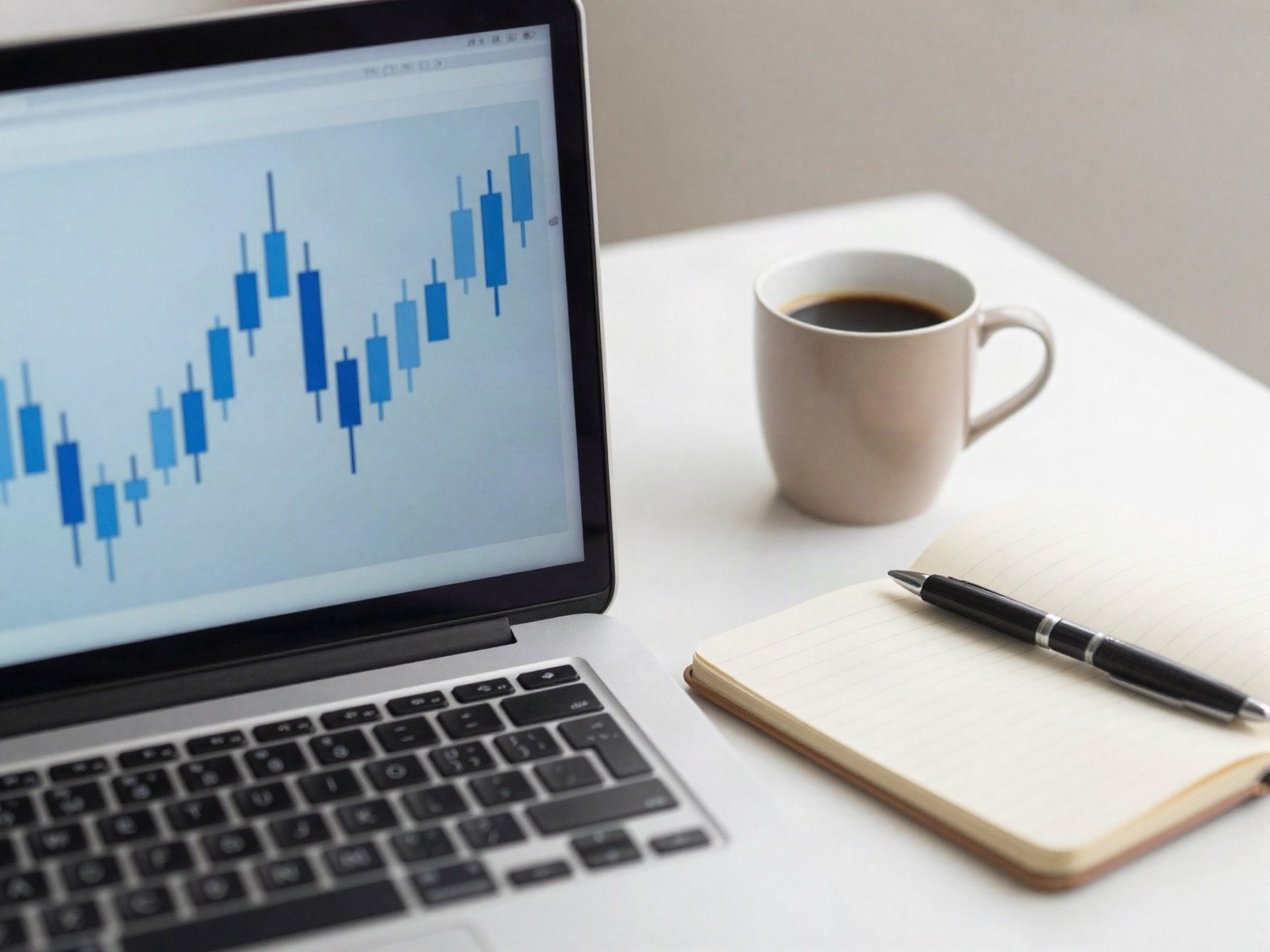 Laptop showing a blue candlestick chart beside a notebook and coffee