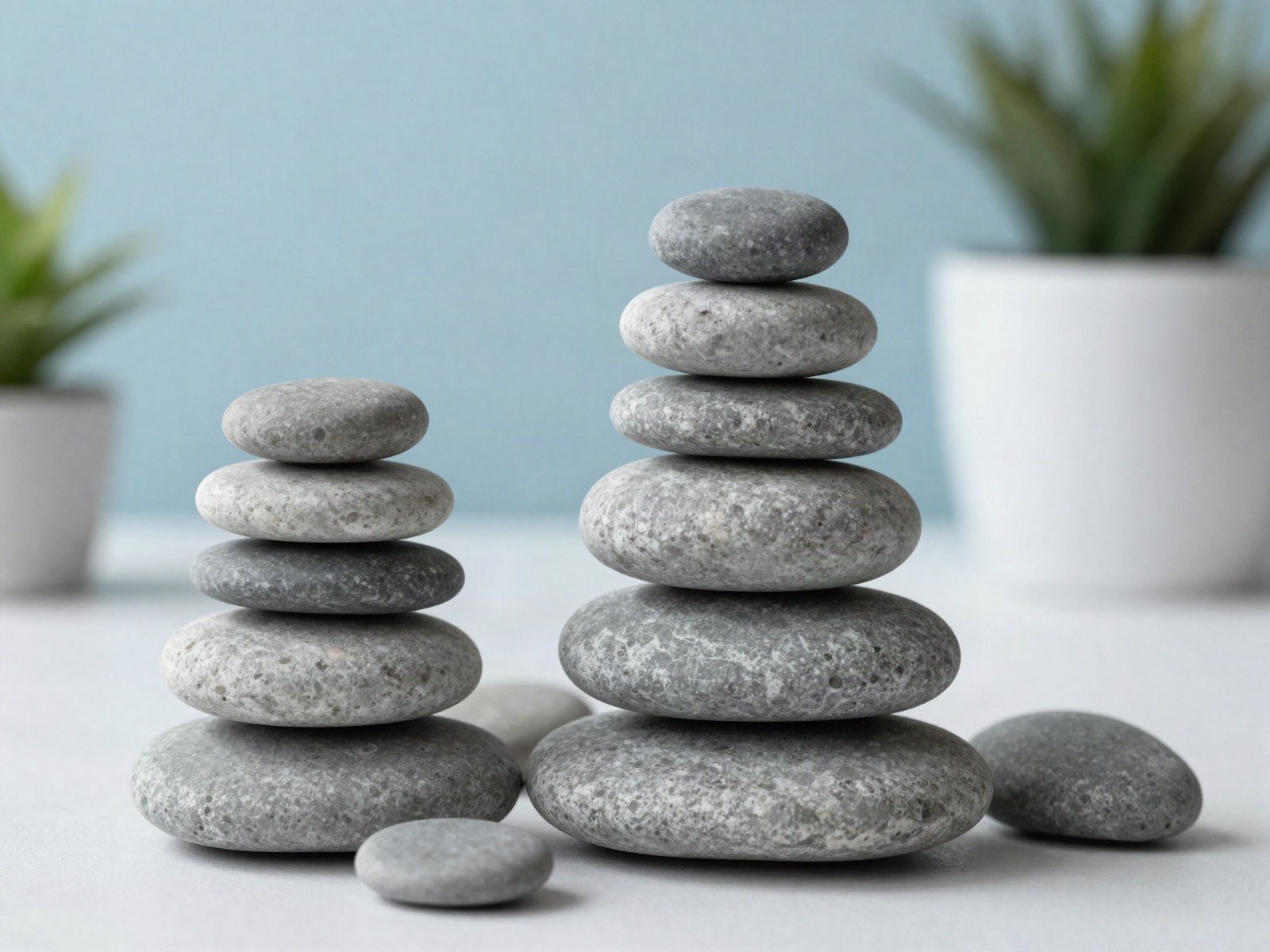 Two balanced stacks of smooth grey stones on a calm desk