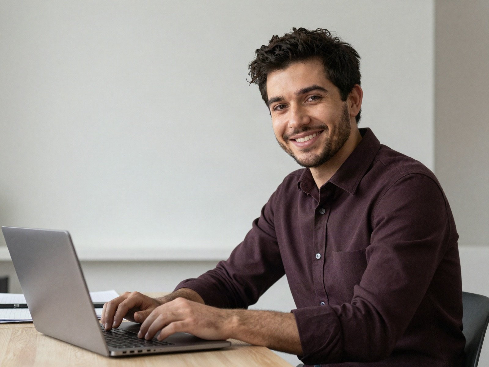 Firas Ghanem smiling at a laptop in a bright studio