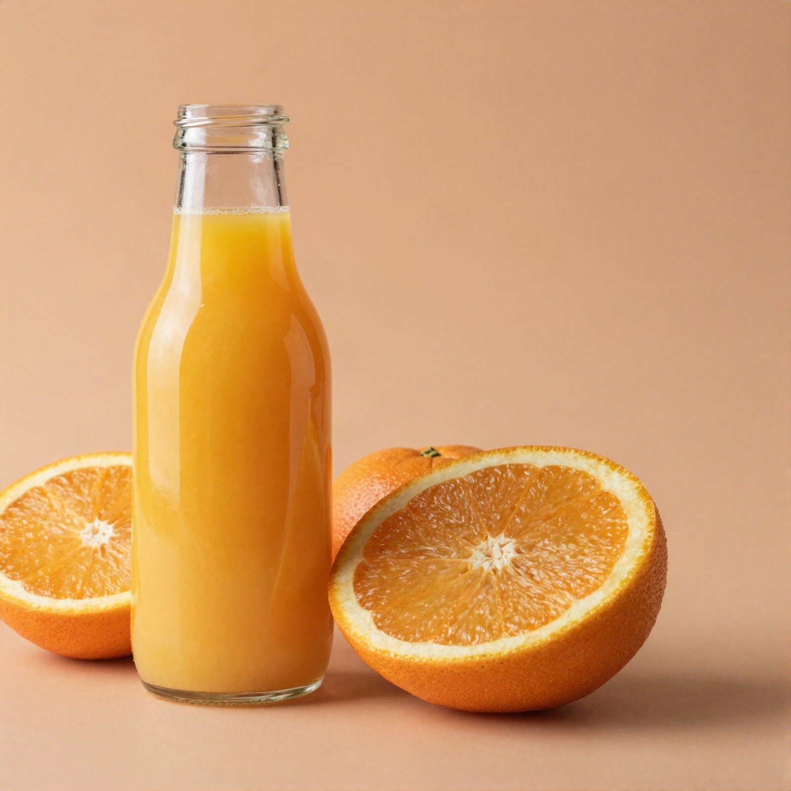 Bottle of fresh orange juice with sliced oranges
