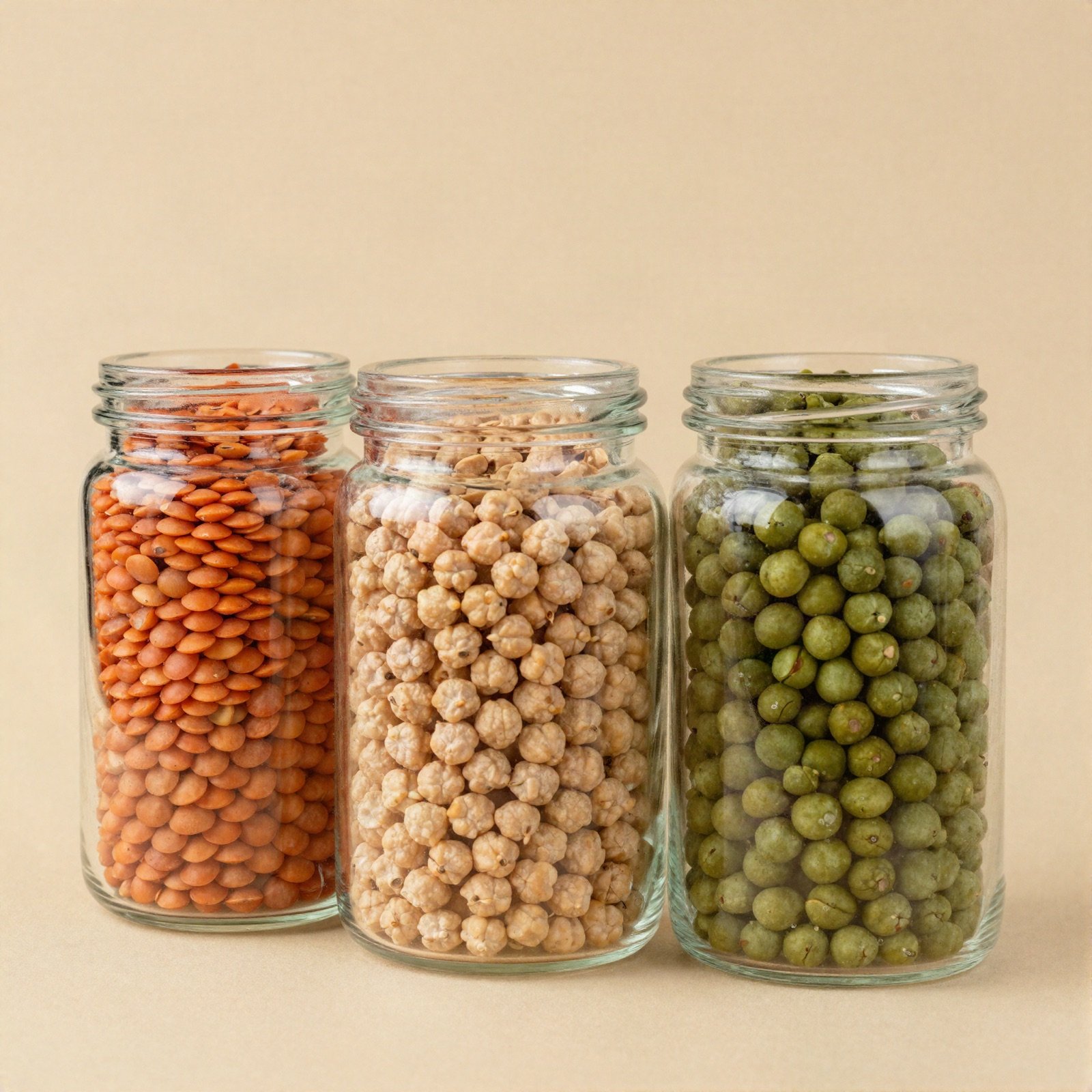 Glass jars of lentils, chickpeas and mung beans