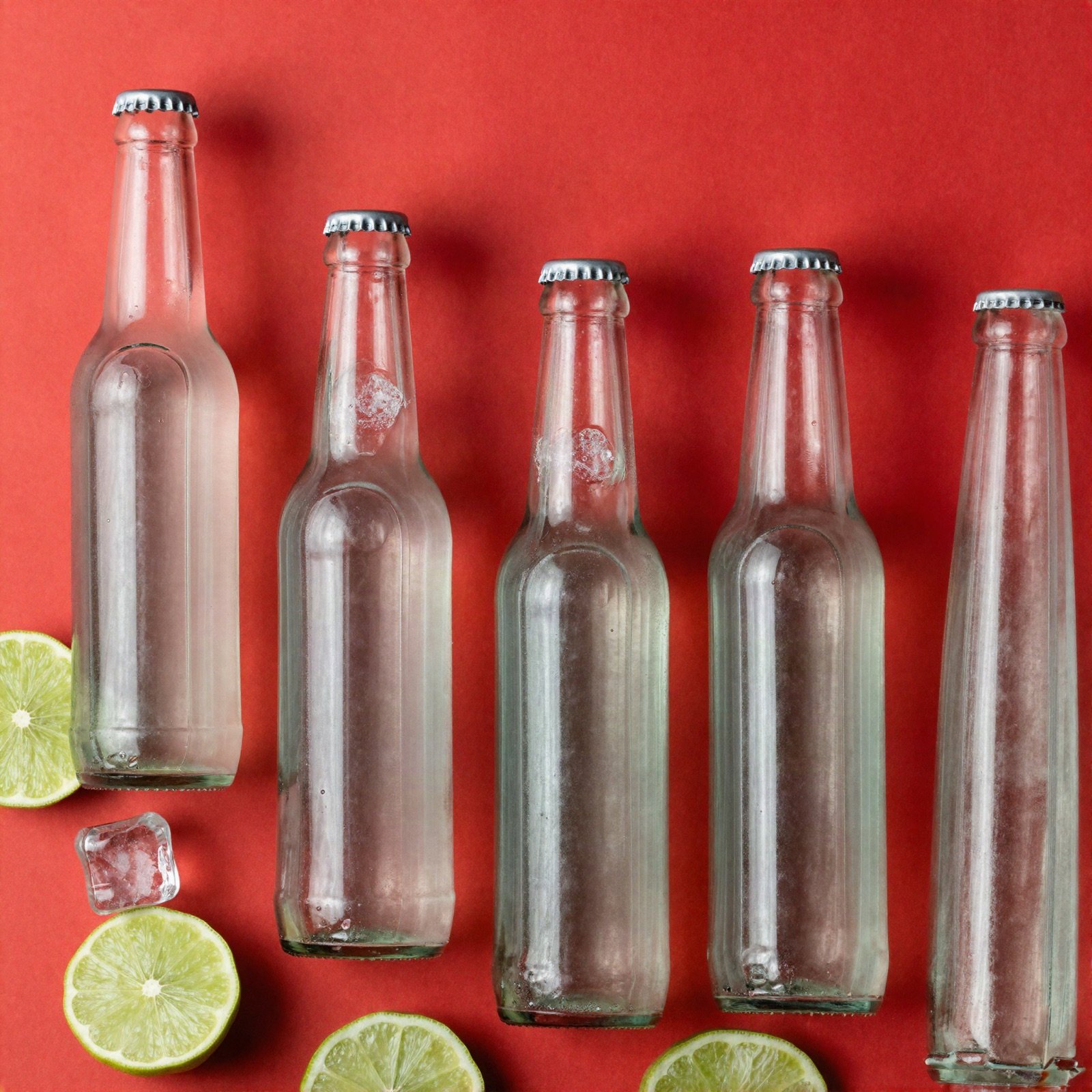 Flat lay of glass soda bottles with lime and ice