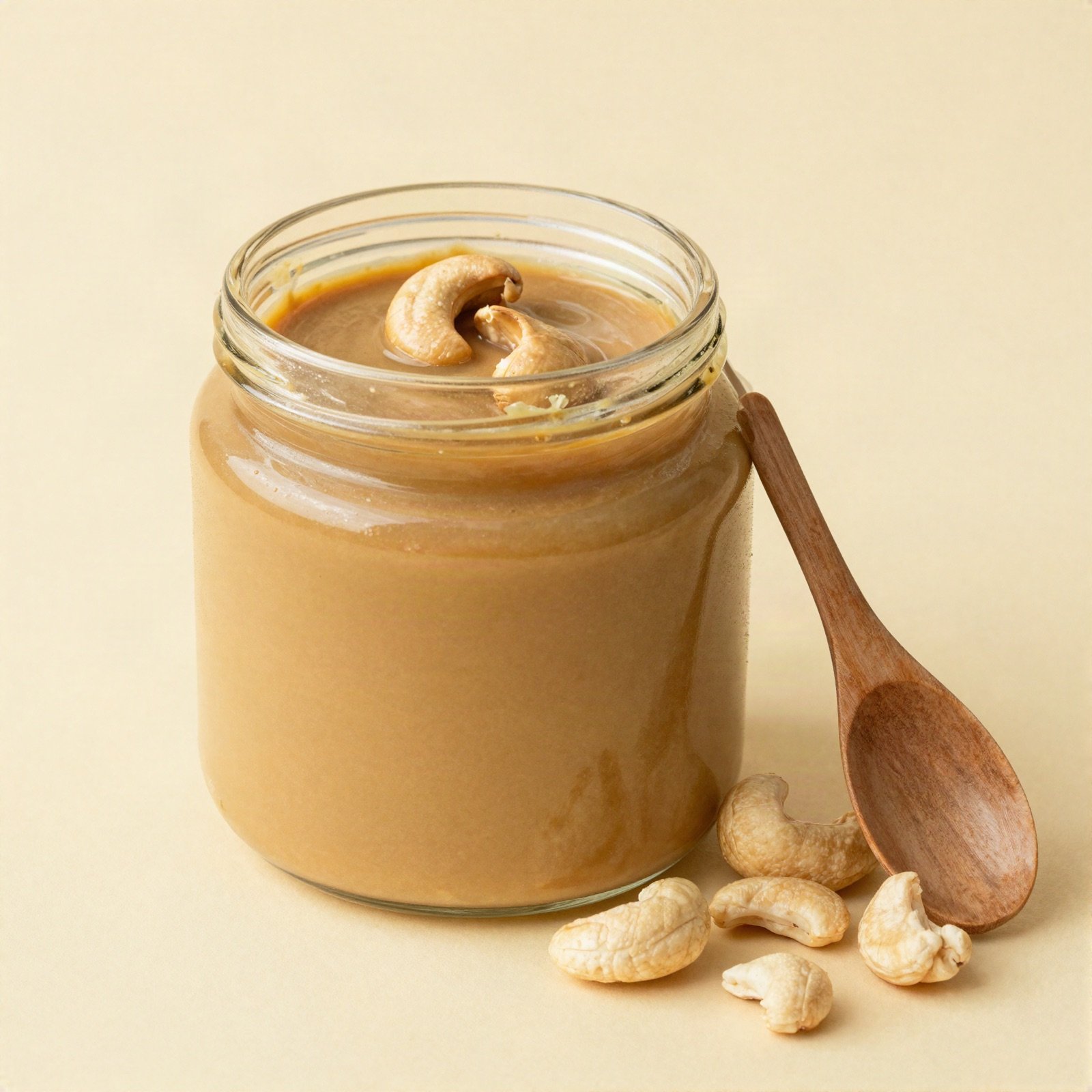 Jar of cashew butter with a wooden spoon