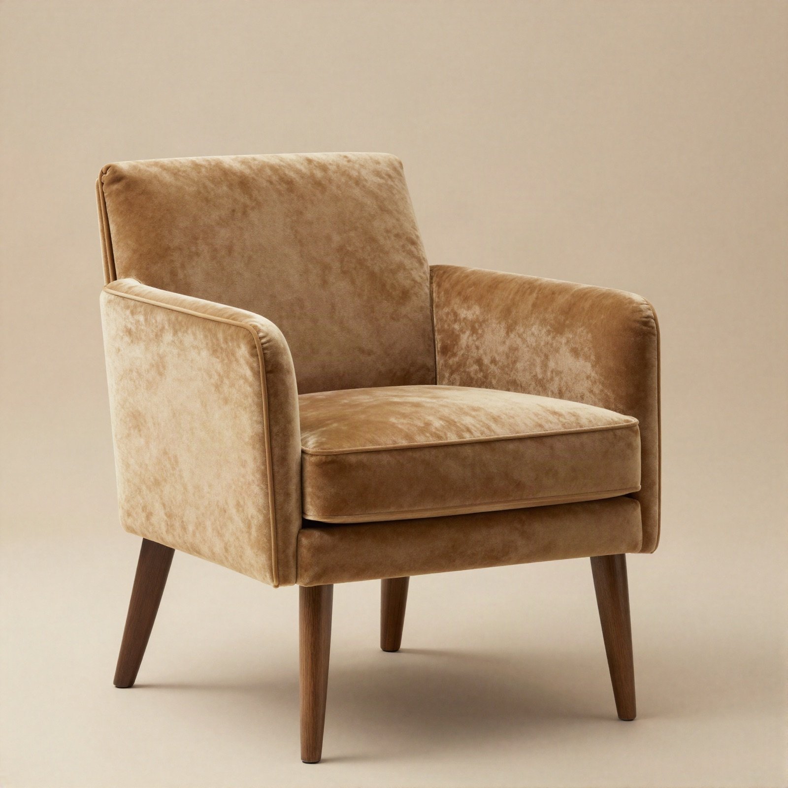 Caramel velvet accent armchair with walnut legs