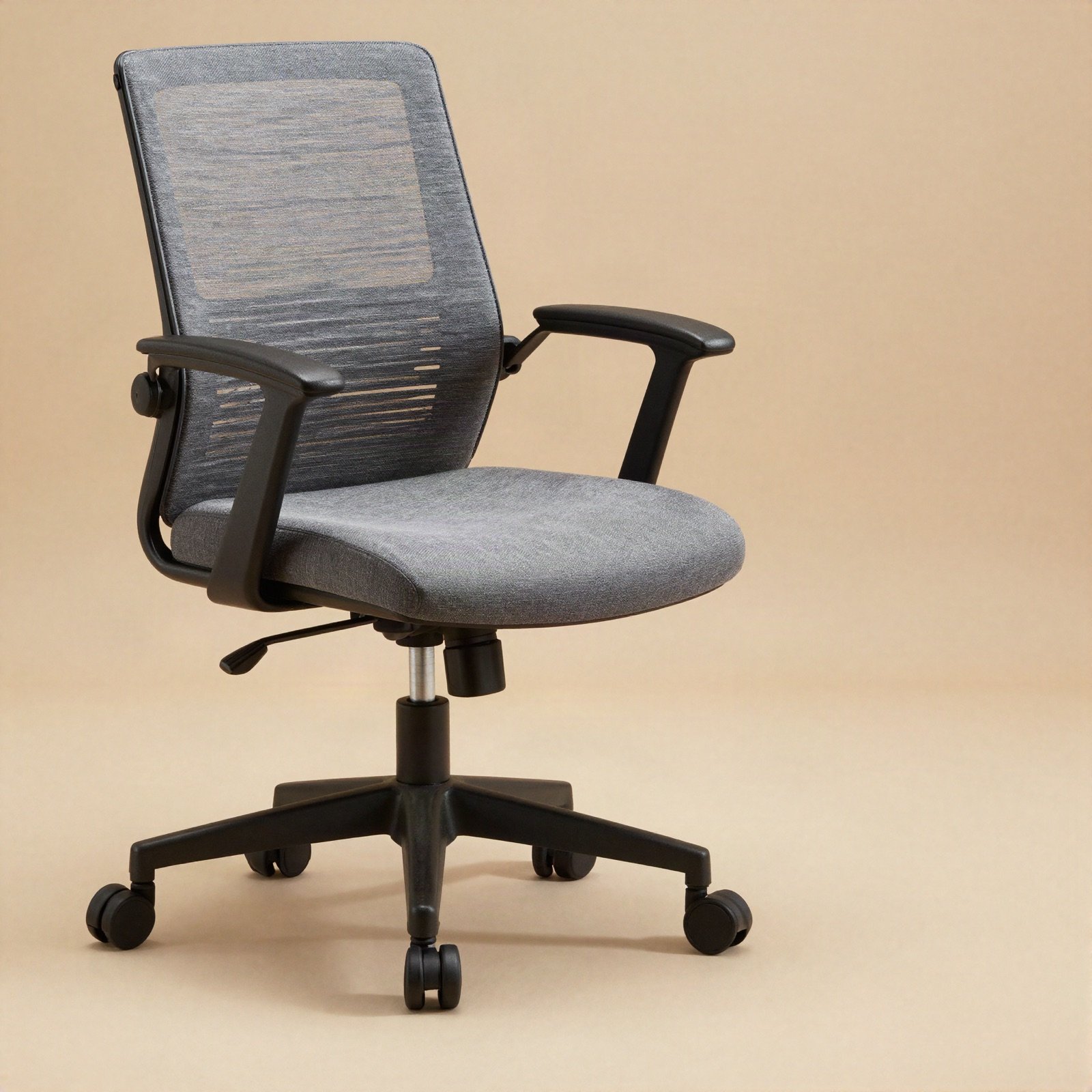 Modern office chair with a grey mesh back and swivel base
