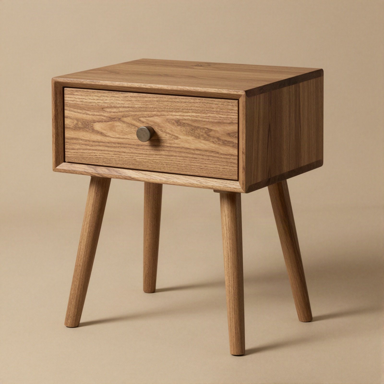Oak bedside table with one drawer and tapered legs