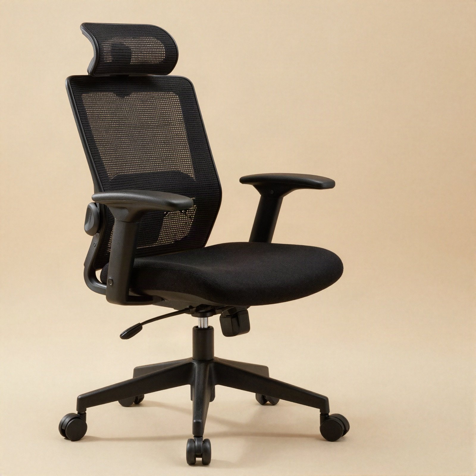 Black ergonomic office chair with headrest and adjustable armrests