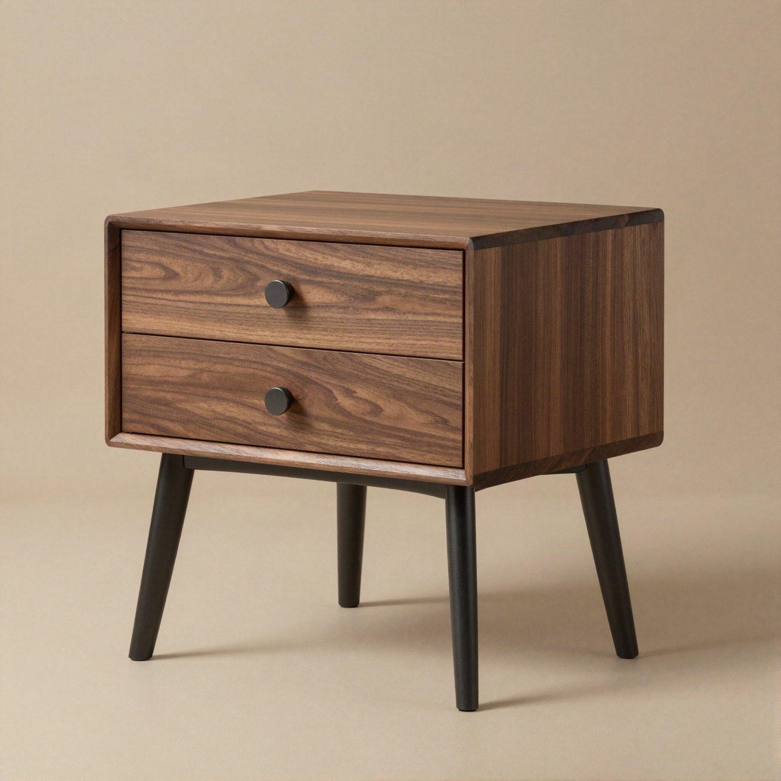 Walnut nightstand with two drawers and black legs