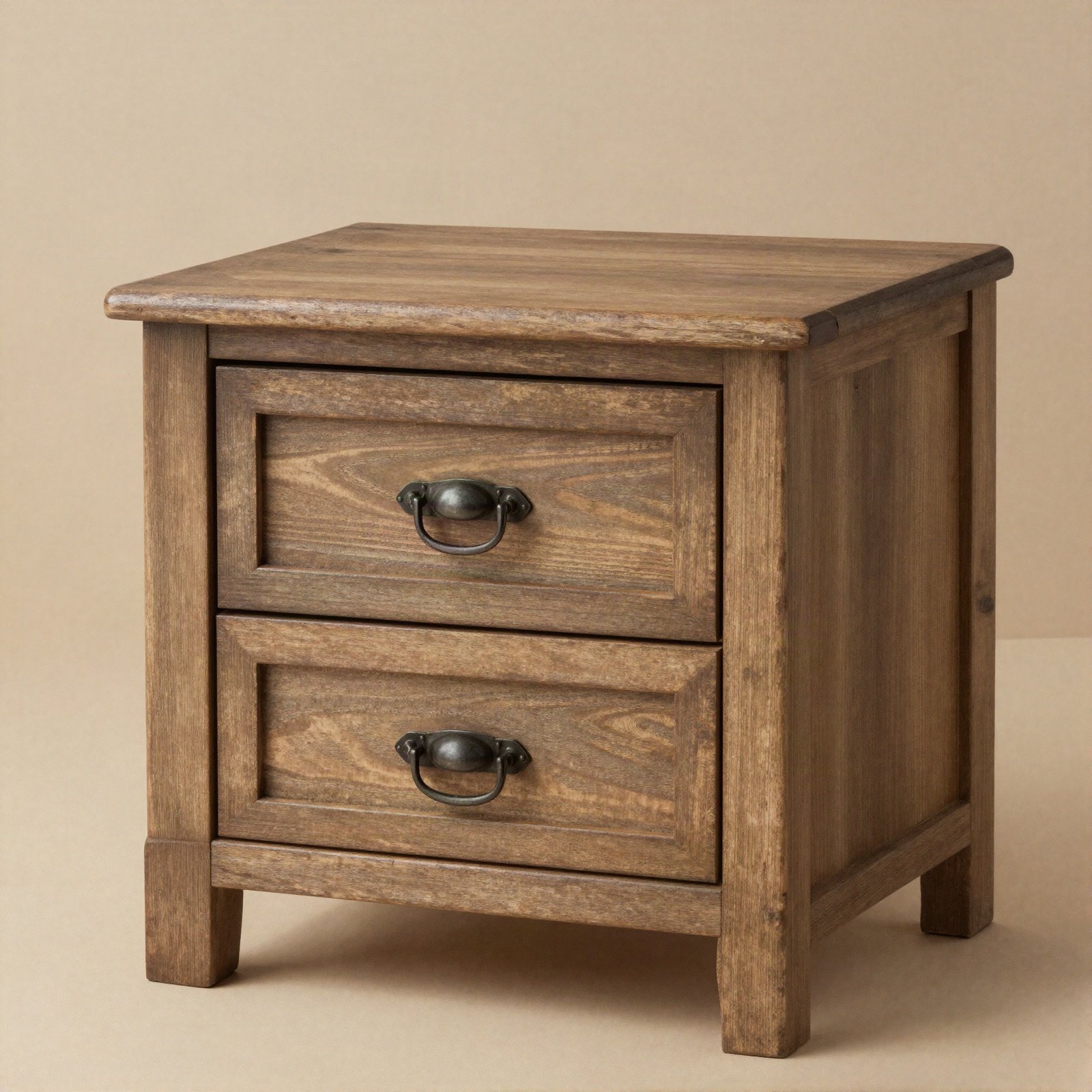 Rustic solid wood nightstand with two drawers and metal pulls