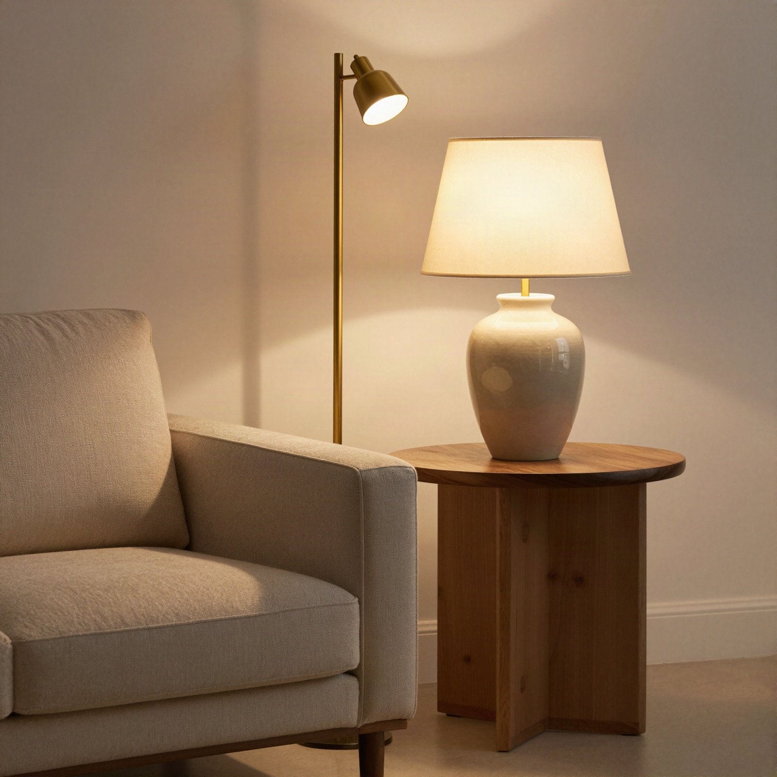 Reading corner lit by a brass floor lamp and a ceramic table lamp