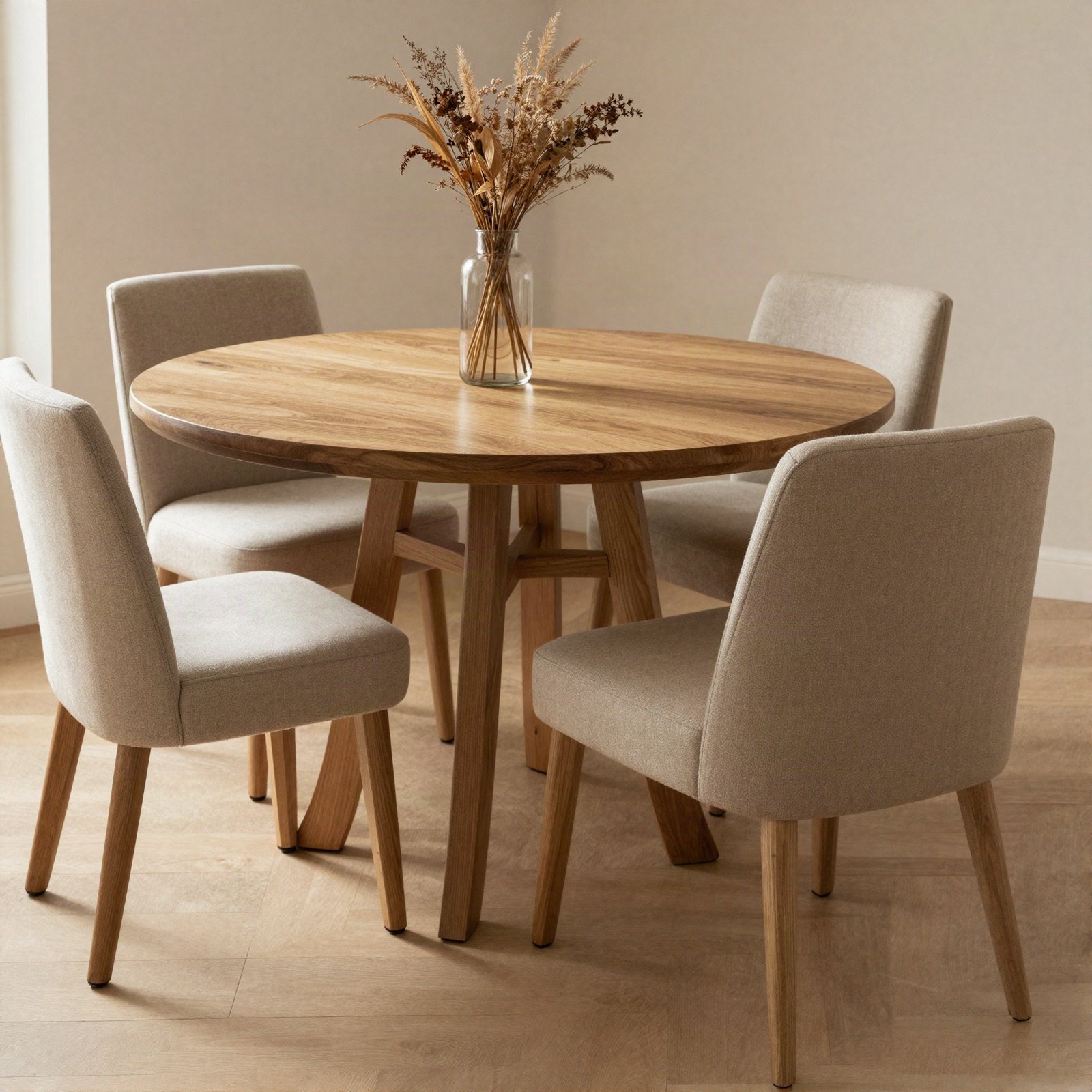 Round wooden dining table with four upholstered chairs and dried flowers