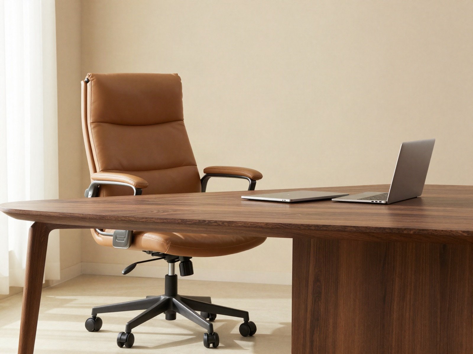 Tan leather office chair at a walnut desk in a bright home office