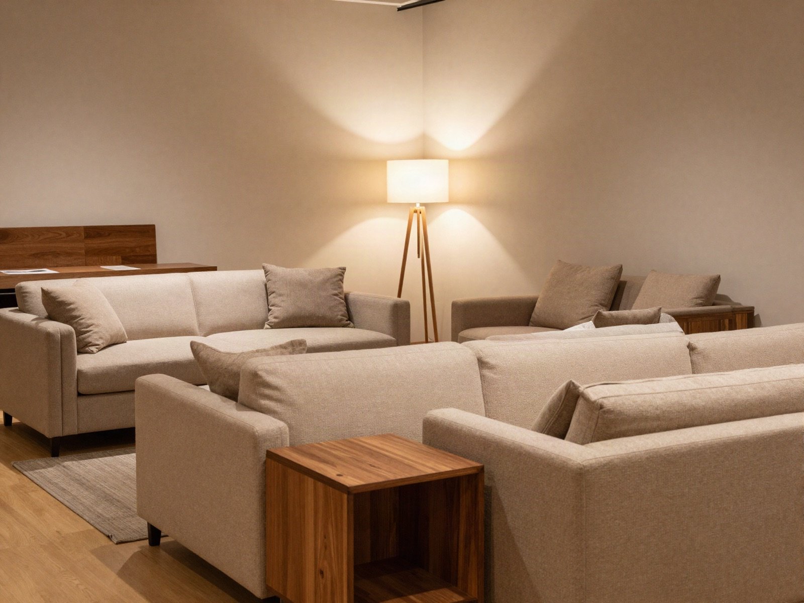 Furniture showroom with sofas, side tables and floor lamps in warm tones