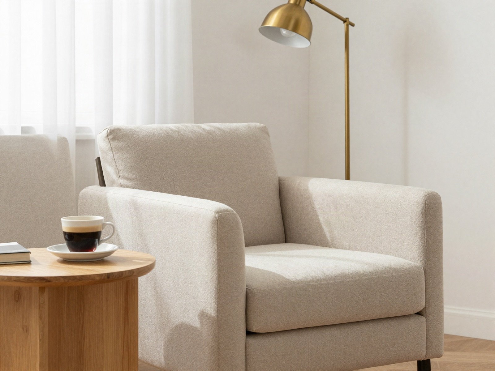Beige armchair beside a side table with coffee and a brass floor lamp