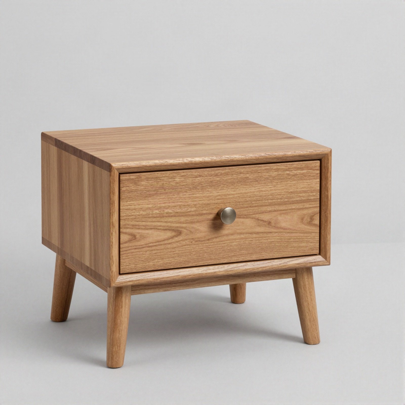 Oak bedside table with one drawer and tapered legs