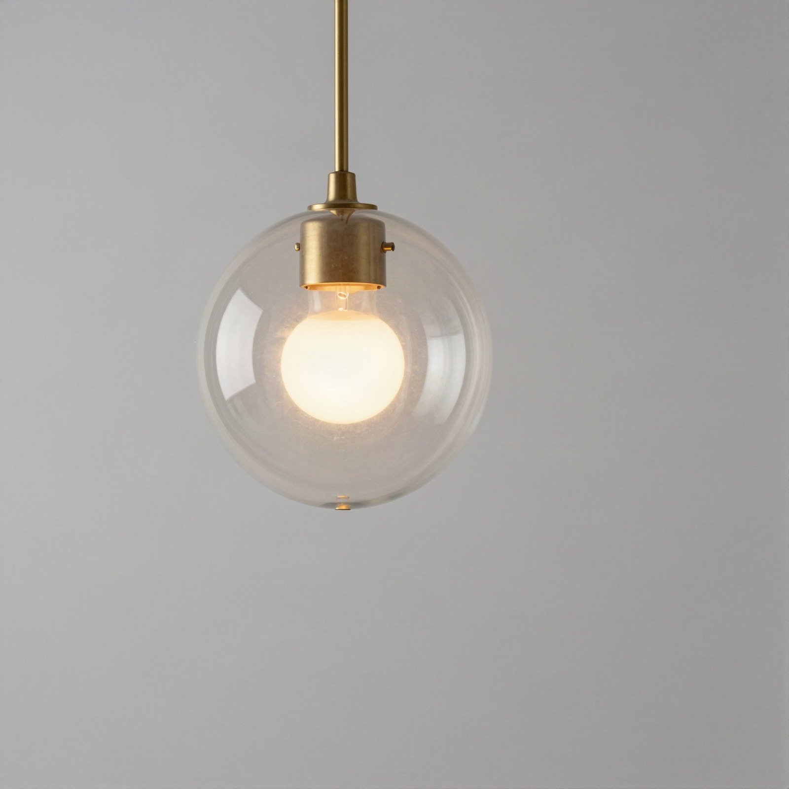 Clear glass globe pendant lamp on a brass rod