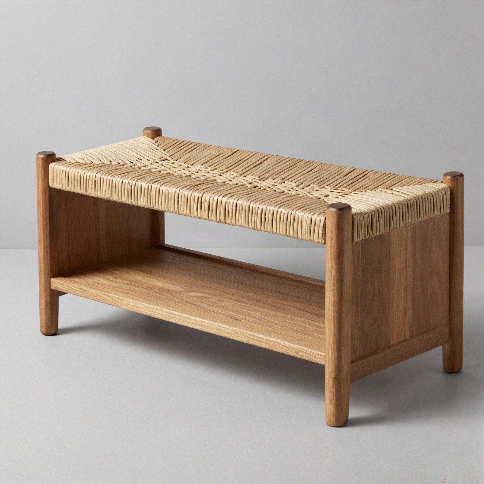 Oak storage bench with a woven seagrass seat and open shelf