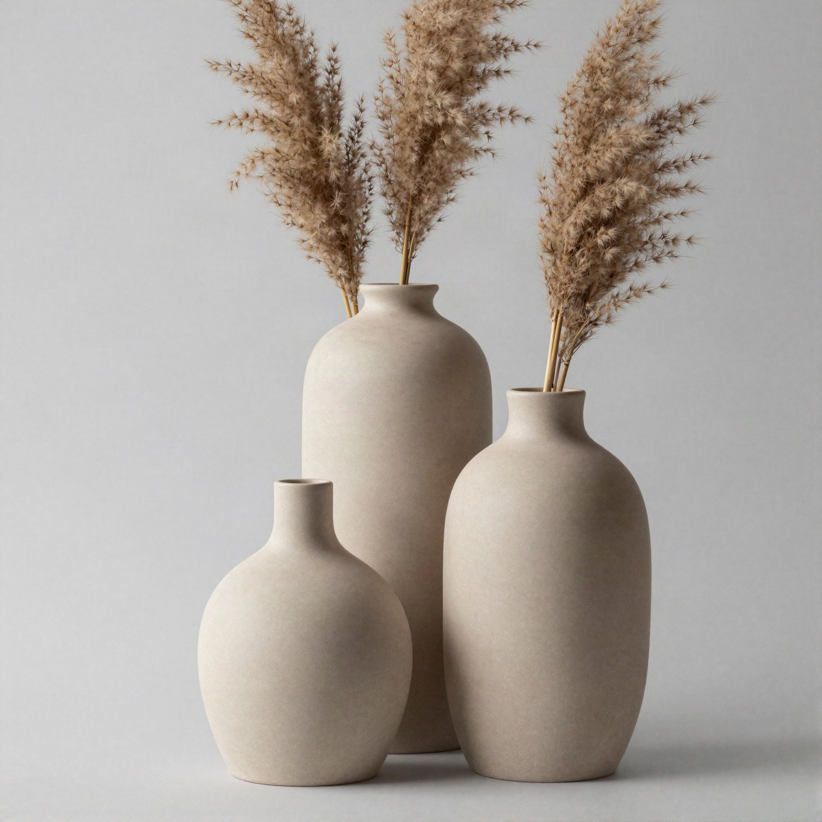 Three matte stoneware vases with dried pampas stems
